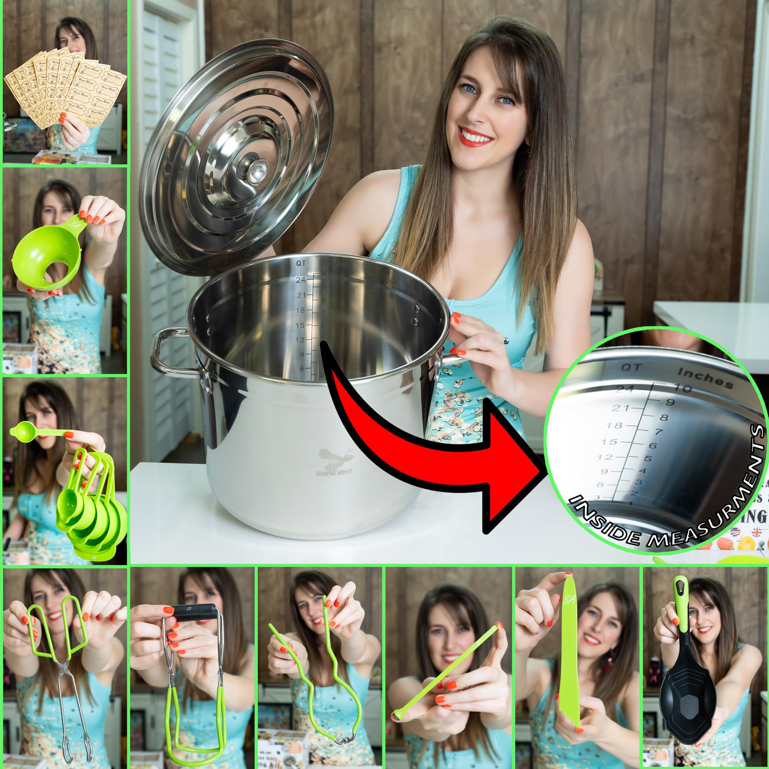 24 Qt Stainless Steel Water Bath Canning Pot with Complete Starter Kit - Includes Food Grade Ladle, Measuring Cups, Funnel, Tongs, Jar Lifter, Wrench & More for Home Canning, Preserving Jams, Pickles & Fruits | 90 Labels Included