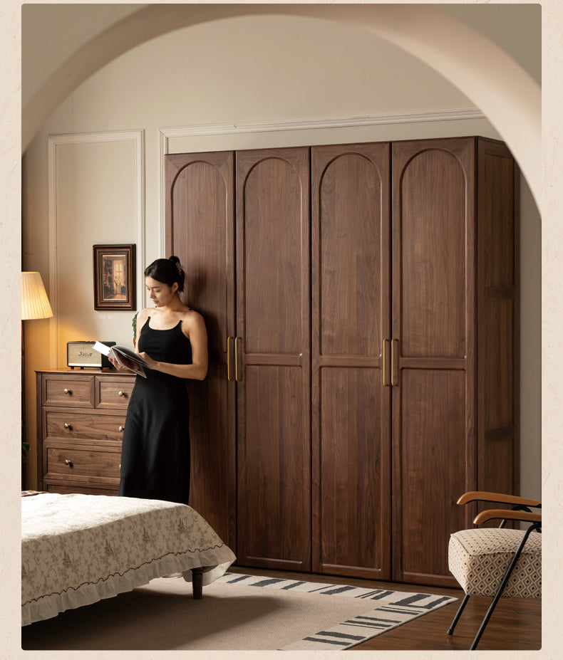 Vintage French Style Black Walnut Solid Wood Wardrobe - Classic Retro Closet for Bedroom & Living Room Storage