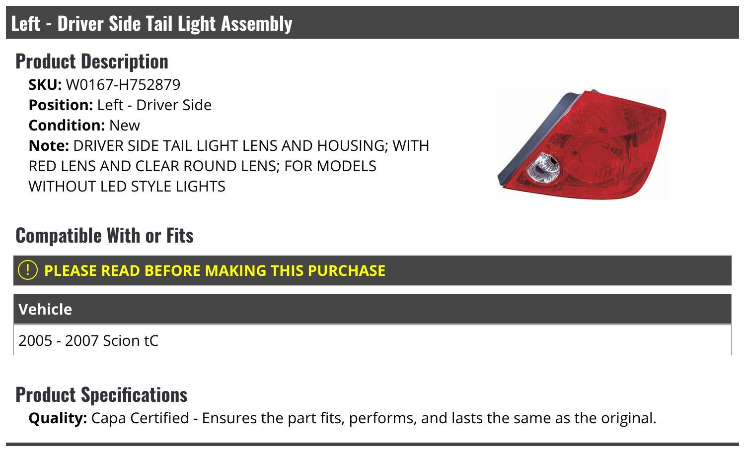 Left Driver Side Tail Light Assembly for 2005-2007 Scion TC - Red & Clear Round Lens Replacement (Non-LED) - Perfect for Night Driving & Enhanced Vehicle Safety