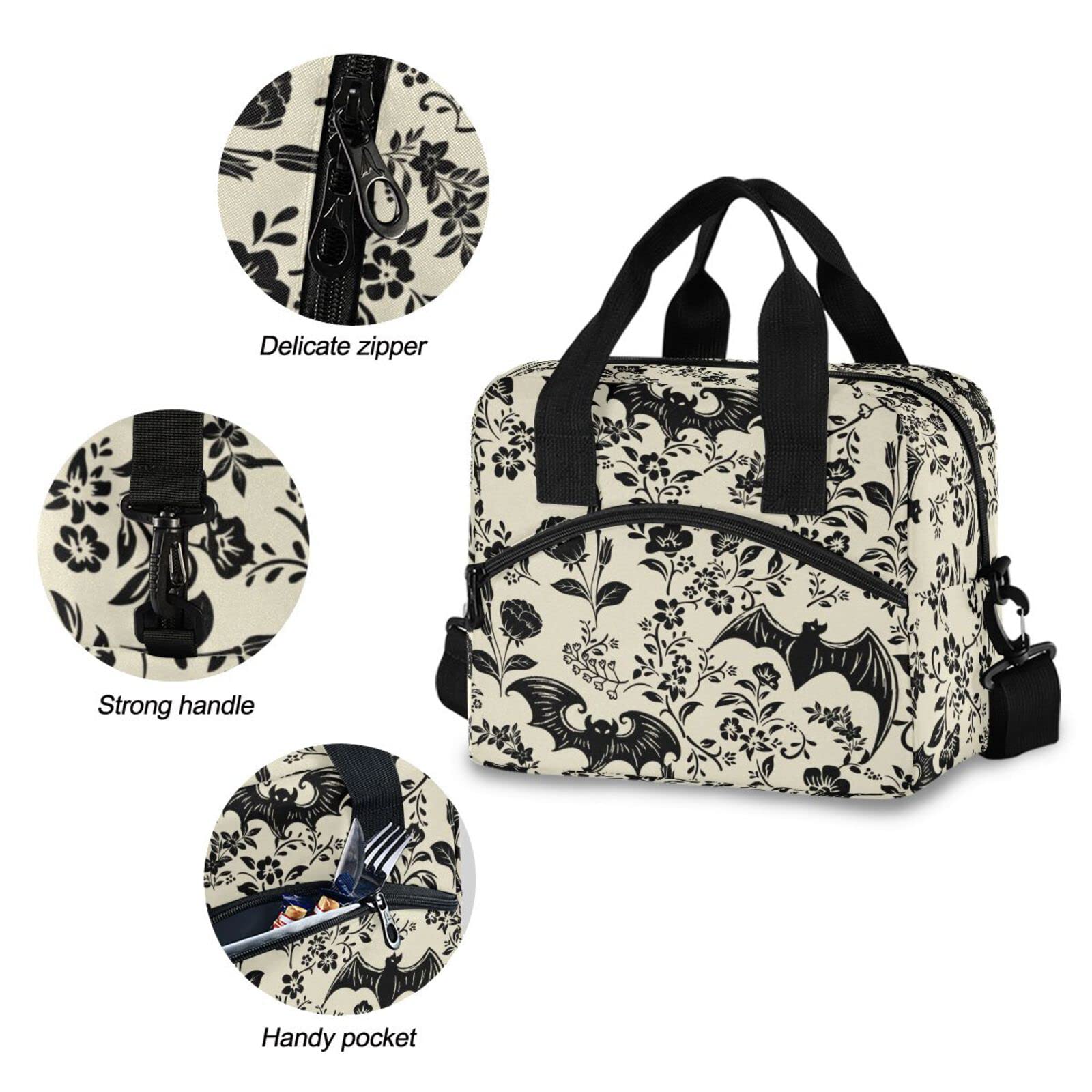 Goth Bat Lunch Bags for Women & Men - Reusable Insulated Lunch Box with Adjustable Shoulder Straps - Tote Lunch Bag for Work, Picnic, School - Perfect for Office, Outdoor Activities & Daily Commute