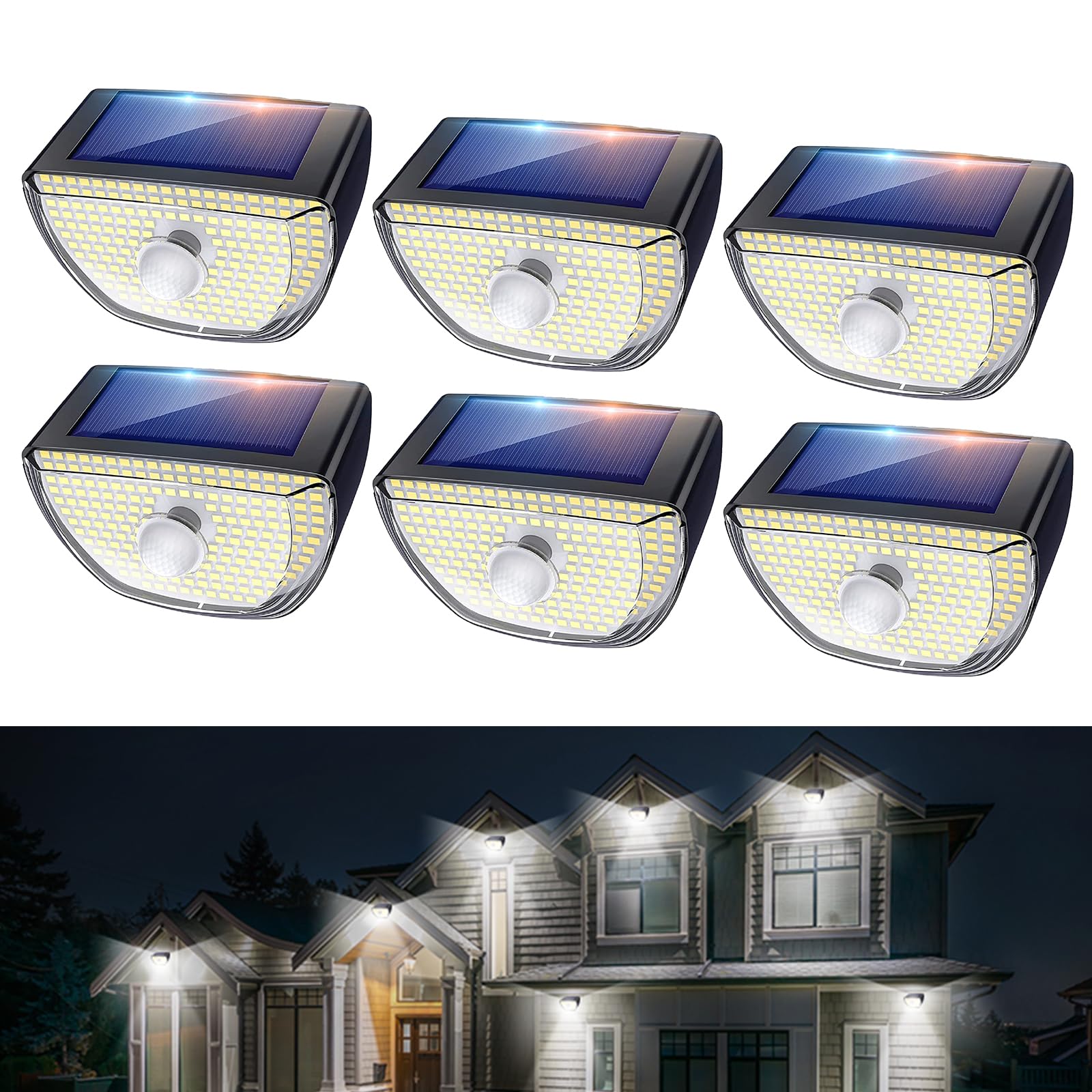 200 LED Solar Lights Outdoor with 3 Lighting Modes - IP65 Waterproof Solar Motion Sensor Lights - 270° Wide Angle for Garden, Patio, Yard, Fence & Deck - Perfect for Security & Landscape Lighting (6 Pack, Black)