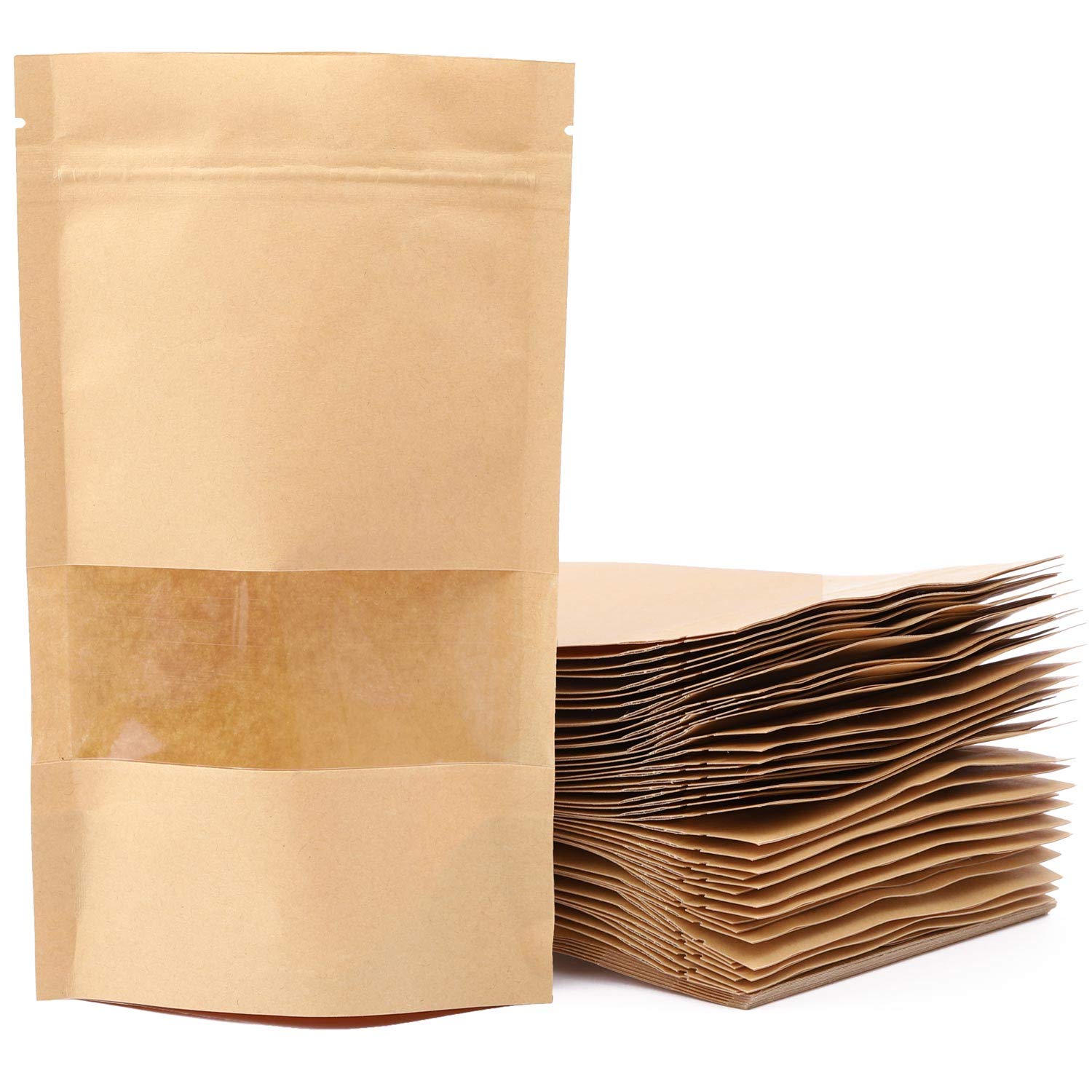100pcs Kraft Paper Treat Bags with Window - Eco-Friendly Ziplock Stand Up Pouches for Food, Cookies & Snacks | Perfect for Party Favors, Wedding Treats & Holiday Gift Packaging