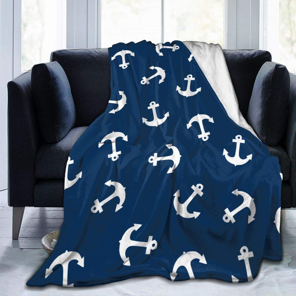 BLUBLU Anchor Navy Flannel Fleece Bed Blanket - Ultra Soft Lightweight Plush Throw Blanket 50