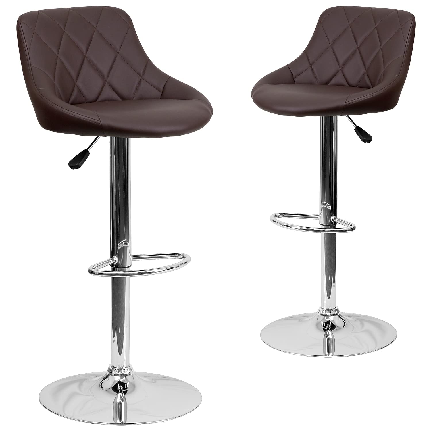 Flash Furniture Caldwell 2-Pack Adjustable Height Bar Stools - Brown Vinyl Bucket Seats with Diamond Pattern Back & Chrome Base - Perfect for Kitchen Islands, Home Bars & Counter Dining
