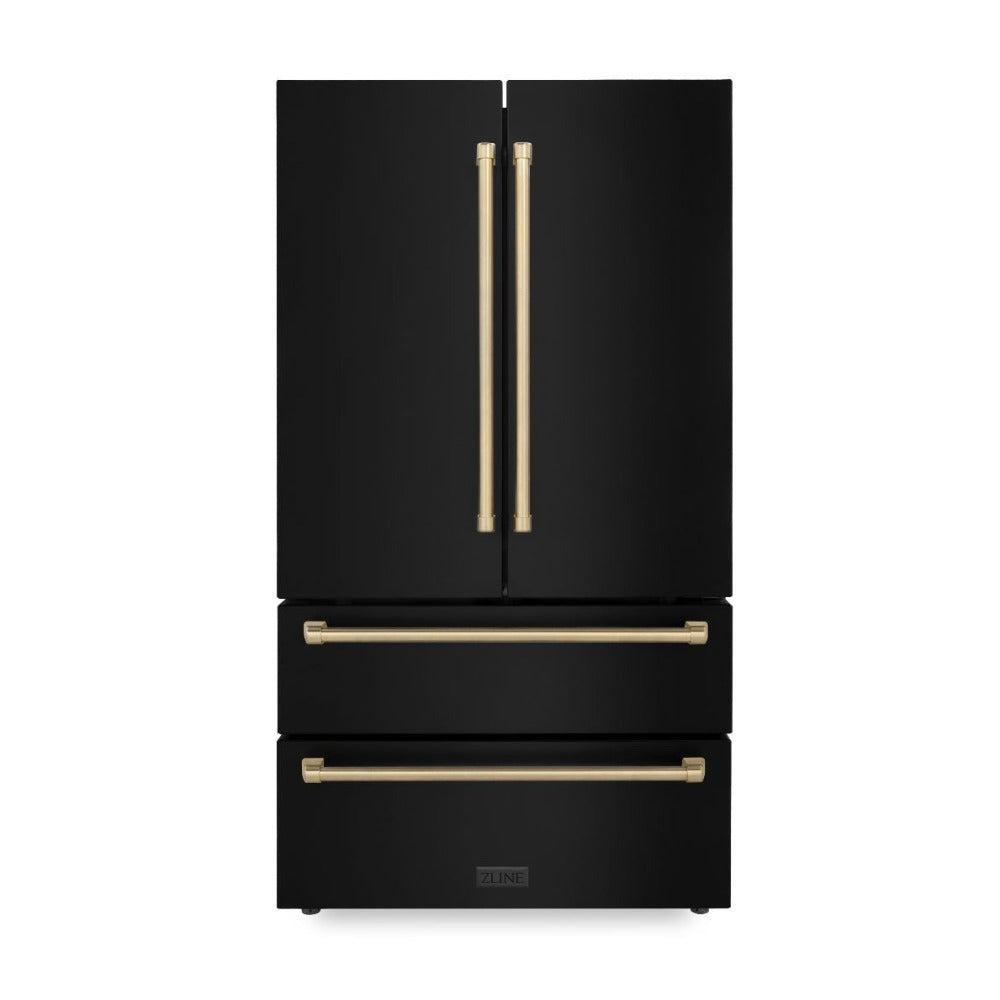 ZLINE Autograph Edition 36-inch Black Stainless Steel Kitchen Package - Dual Fuel Range, Range Hood, Dishwasher & Refrigerator with Internal Water Dispenser & Champagne Bronze Accents (4AKPR RABRHDWV36 CB) | Premium Kitchen Appliances for Modern Homes & Gourmet Cooking