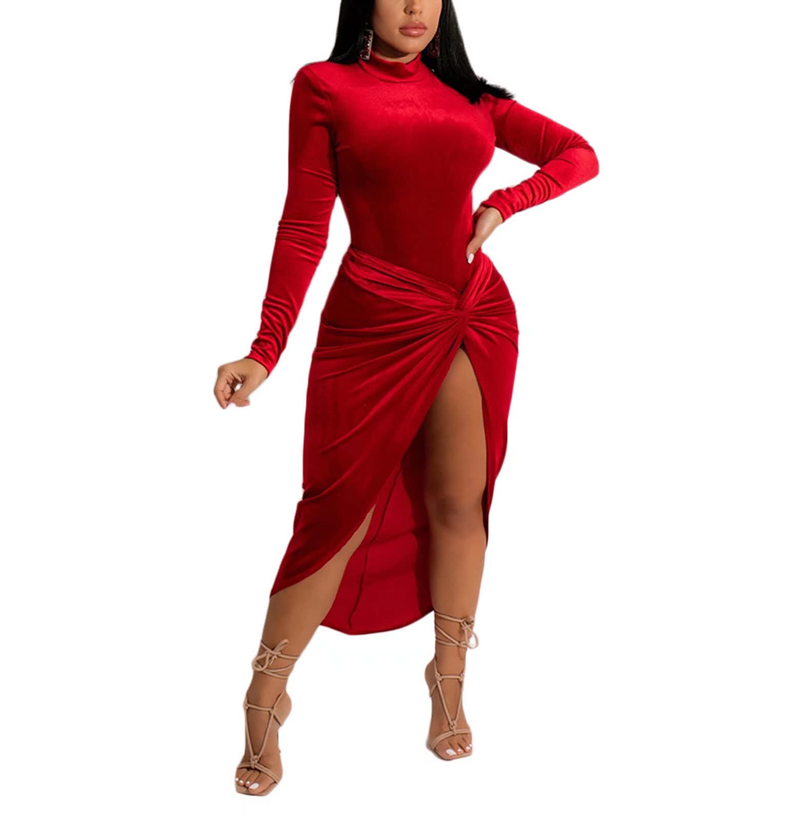 Sexy Two Piece Velvet Midi Dress for Women - Long Sleeve Leotard Top with Bodycon High Slit Skirt Set | Wedding Guest Outfit, Holiday Party Dress, Date Night & Special Occasion Wear