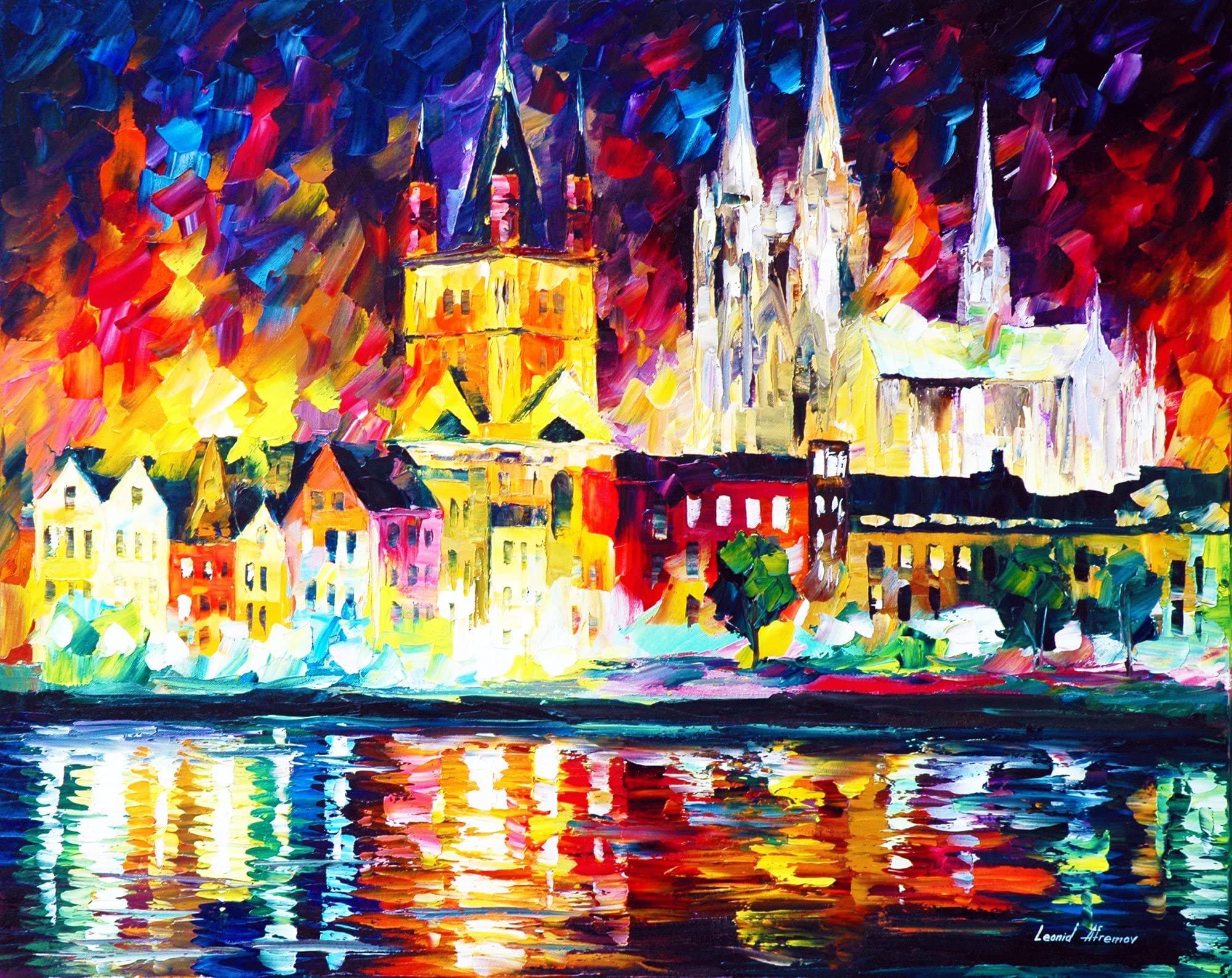 Leonid Afremov 'Night In Cologne' Canvas Wall Art Print - 11 x 13.8 Inches - German Cityscape Painting - Ready to Hang Home & Office Decor - Perfect for Living Room, Bedroom or Gift