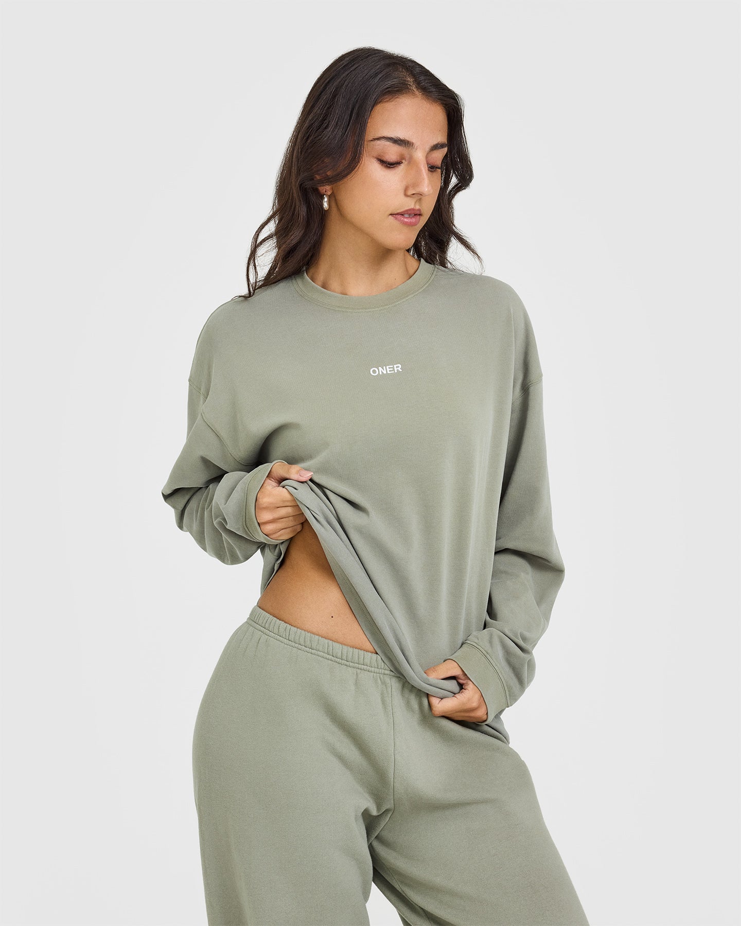 Oversized Washed Long Sleeve T-Shirt for Women - Soft Sage Green Top - Casual Loungewear & Streetwear Outfit