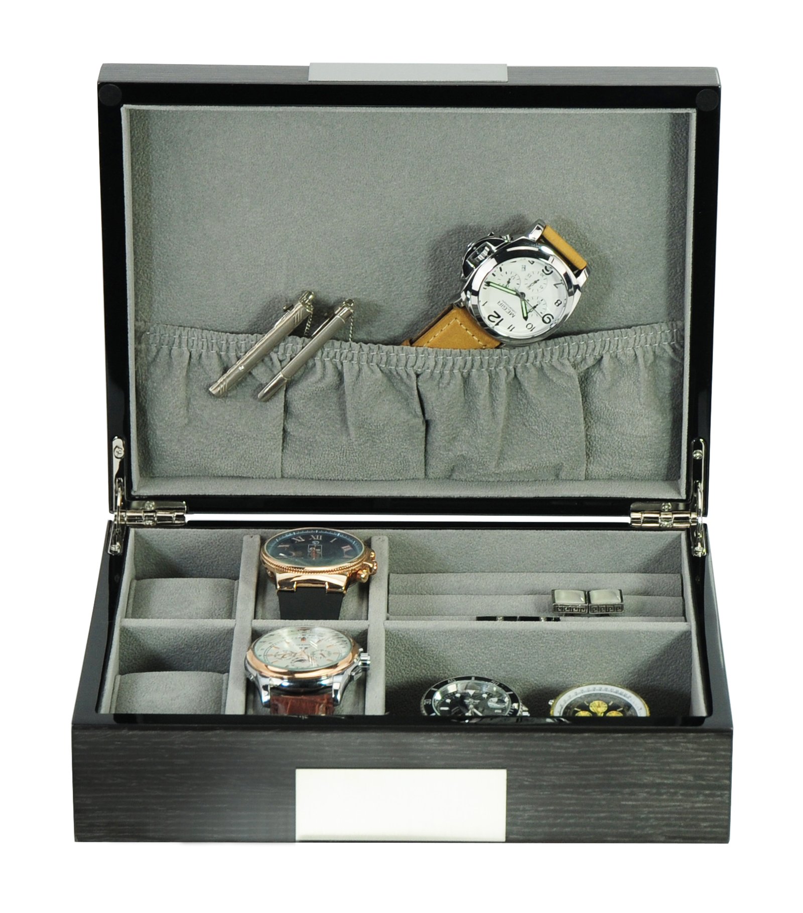 Personalized Grey Ginkgo Lacquered Wood Watch, Cufflink & Ring Storage Organizer - Men's Jewelry Box for Dresser, Travel & Gift Giving