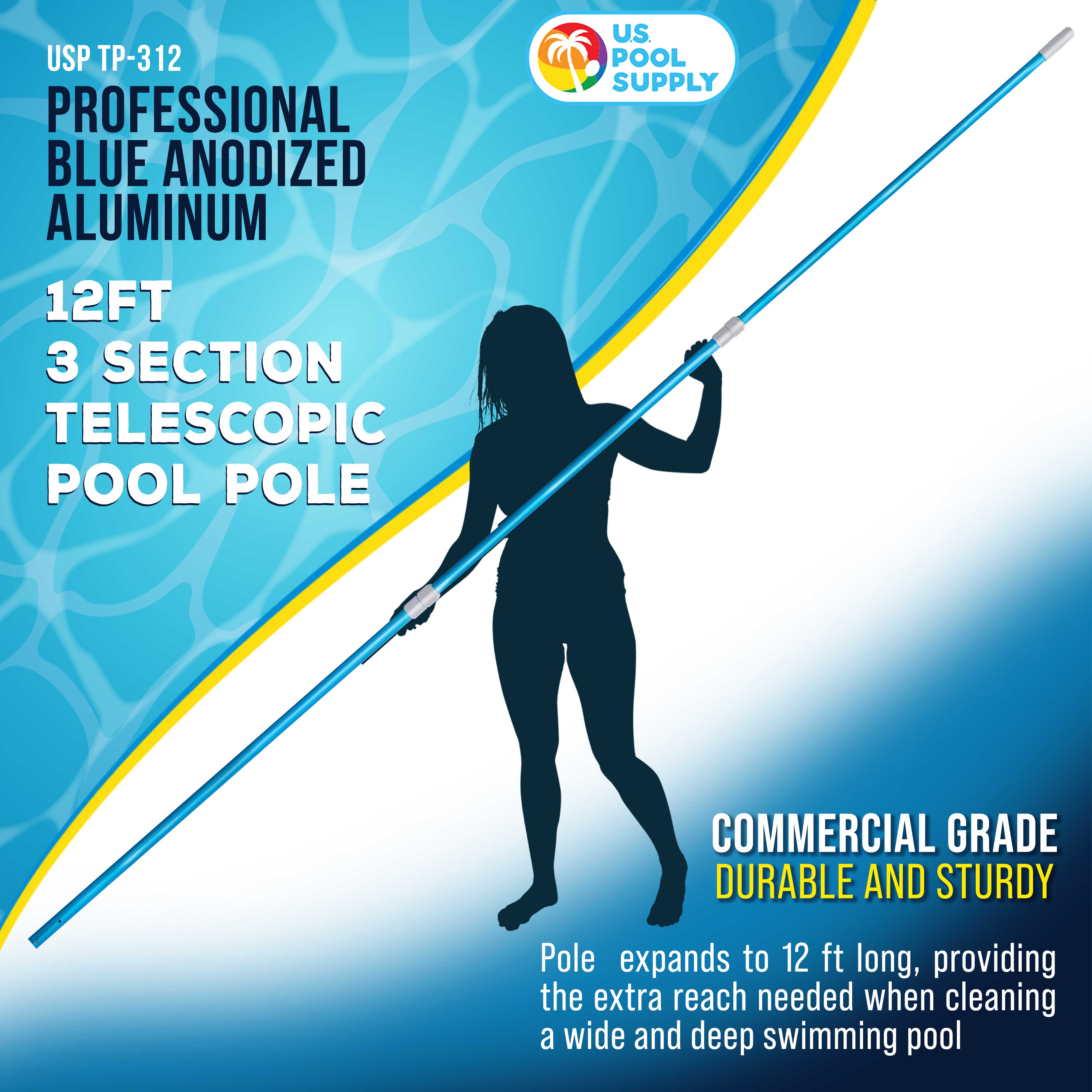 U.S. Pool Supply® 12ft Blue Anodized Aluminum Telescopic Pool Pole - Adjustable 3-Piece Expandable Design for Skimmer Nets, Rakes & Brushes | Perfect for Pool Cleaning, Maintenance & Water Sports Accessories