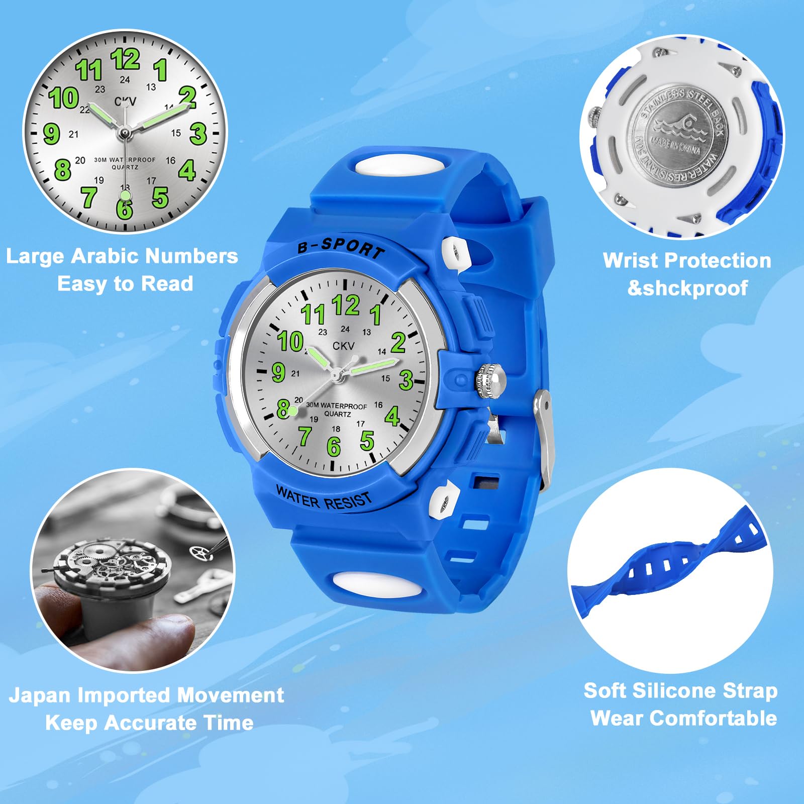 CKV Kids Analog Watch for Boys & Girls Ages 5-12 - Waterproof Sports Watch with Easy-to-Read Dial & Soft Comfort Band - Perfect for School, Outdoor Play & Swimming Activities