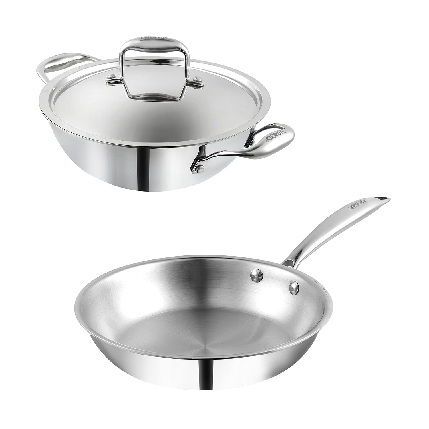 Vinod Platinum Triply Stainless Steel Cookware Set - 2 Piece Induction Base Combo (1.5L Deep Kadai with Lid & 20cm Fry Pan) | Durable 5-Year Warranty | Perfect for Indian Cooking, Stir Frying & Deep Frying | Ideal for Home Kitchens & Restaurants