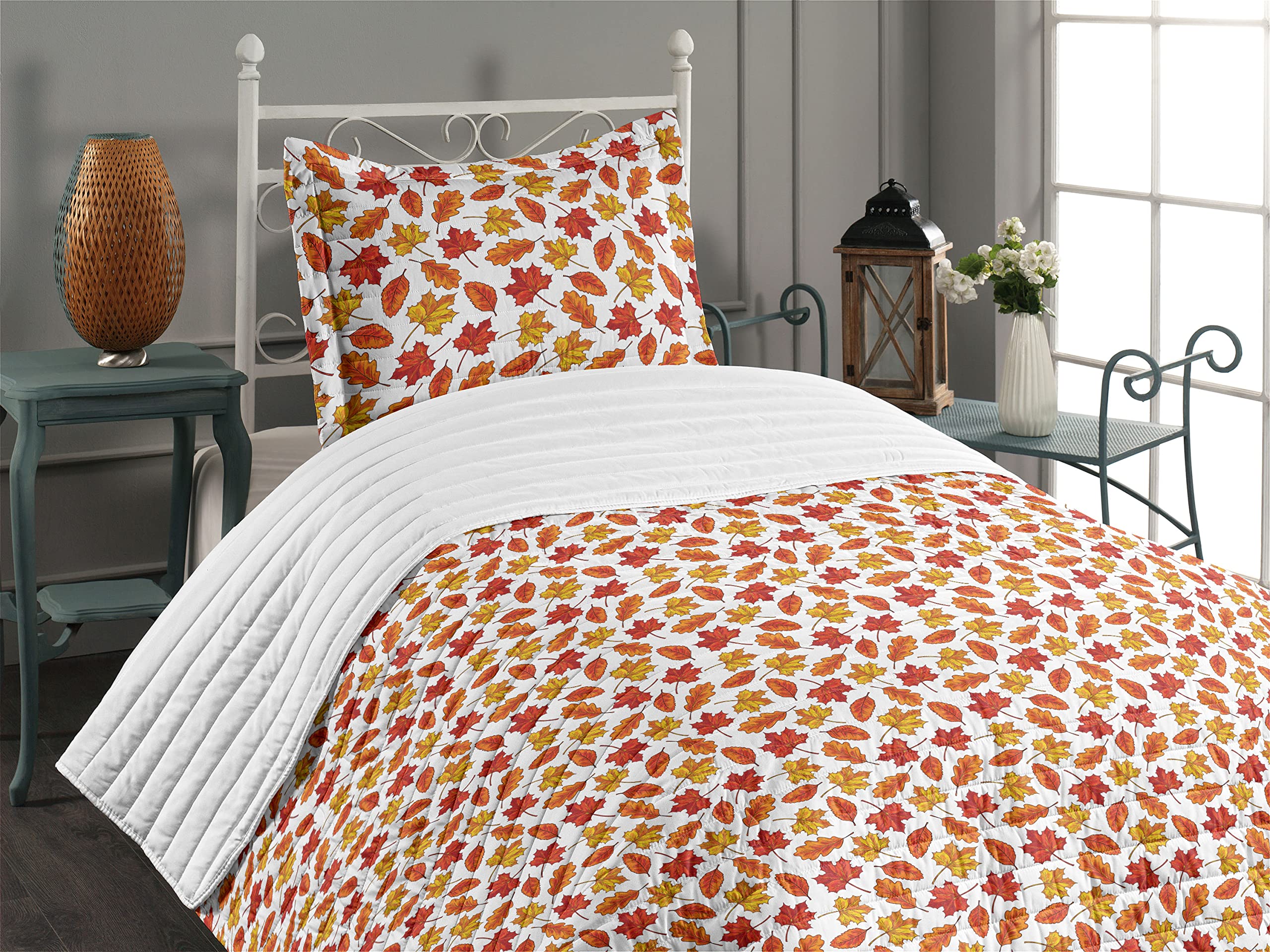 Ambesonne Maple Leaf Microfiber Bedspread Set - Eco-Friendly Forest Silhouette Autumn Leaves Design, Soft Twin Size Bedding with Pillow Sham & Comforter in White Burgundy Yellow | Perfect for Fall Season Home Decor & Cozy Bedroom Makeover