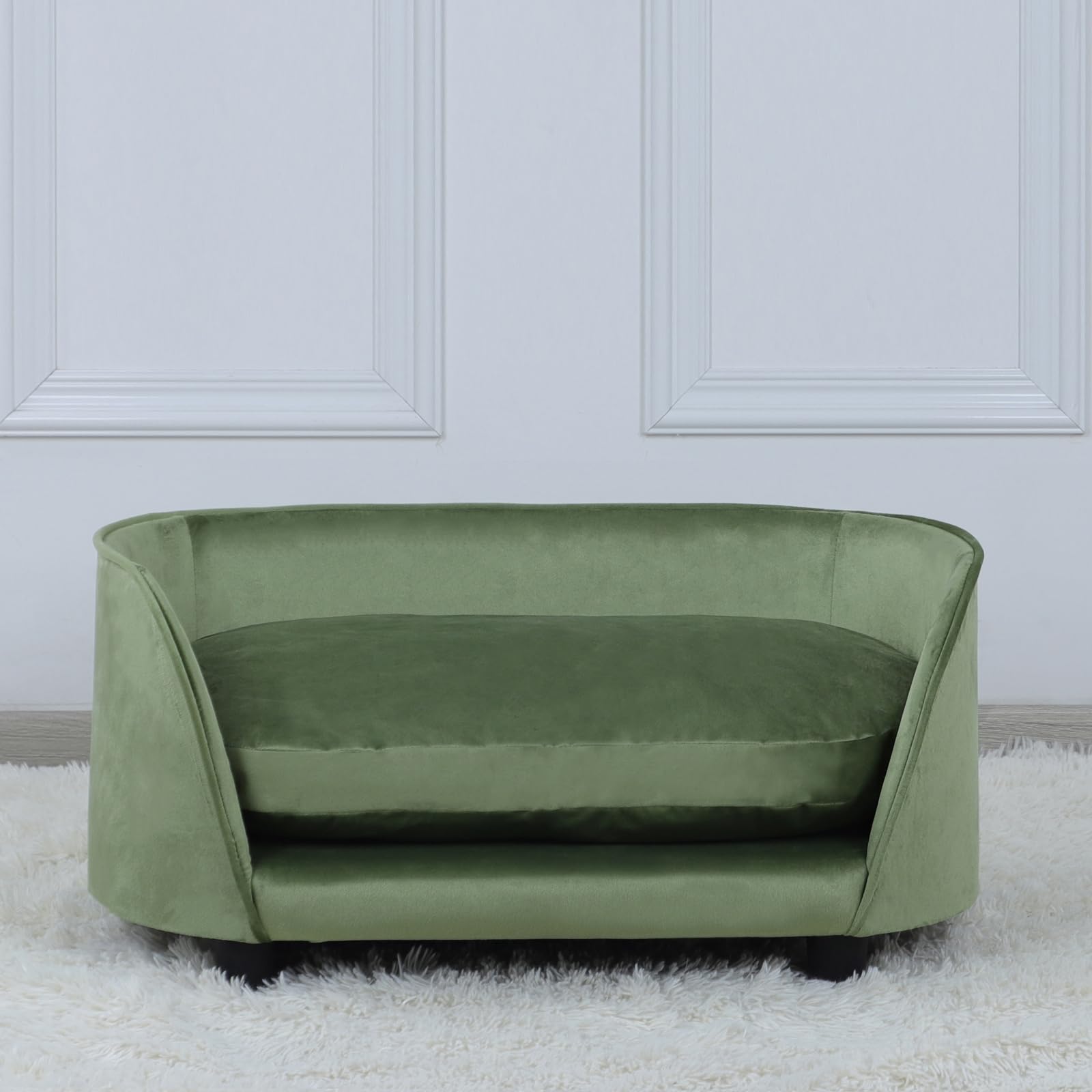Premium Pet Sofa Bed for Small Dogs & Cats - Wooden Frame Velvet Washable Cushion - Cozy Dog Couch & Cat Bed for Living Room, Bedroom & Office (Green)