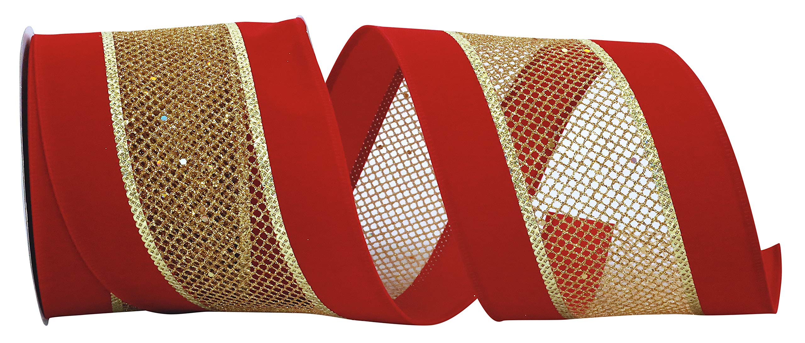Reliant 4 Inch x 10 Yards Velvet Mesh Ribbon with Wired Edge - Red & Gold for Gift Wrapping, Wedding Decorations & Craft Projects