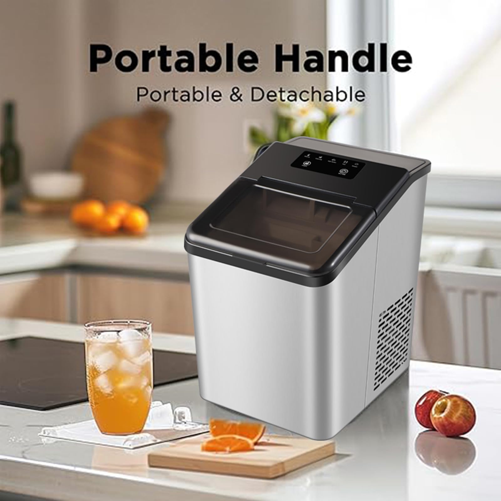 Portable Countertop Nugget Ice Maker - 34Lbs/24H Chewable Pebble Ice Machine with Self-Cleaning Function, Stainless Steel Sonic Ice Maker Ready in 6 Minutes for Home, Kitchen, Office - Perfect for Cocktails, Sodas, and Beverage Stations