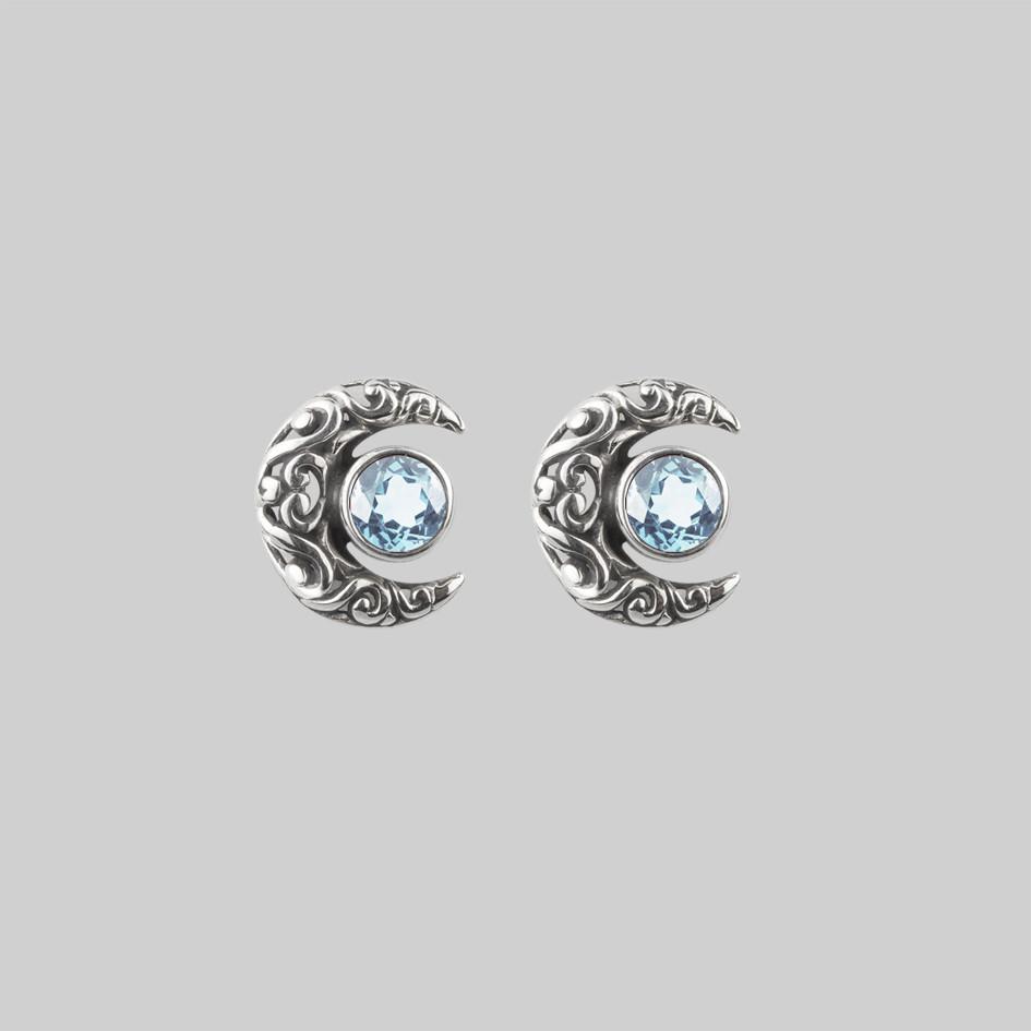 WISDOM Silver Moon Crescent Earrings with Blue Topaz Gemstone – Perfect for Evening Parties, Date Nights & Boho Fashion