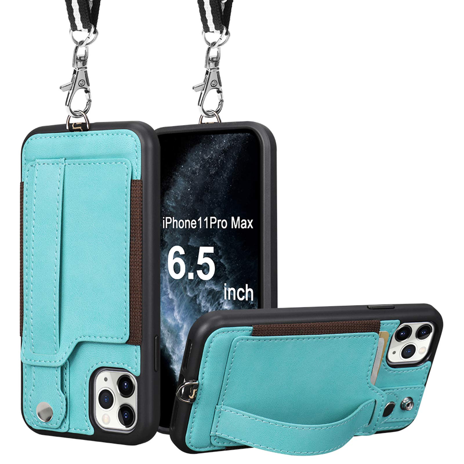 TOOVREN Premium PU Leather Wallet Case for iPhone 11 Pro Max (6.5 Inch 2019) - Card Holder, Kickstand & Detachable Lanyard - Protective Phone Cover with Strap Stand (Blue) | Perfect for Travel, Work & Everyday Use