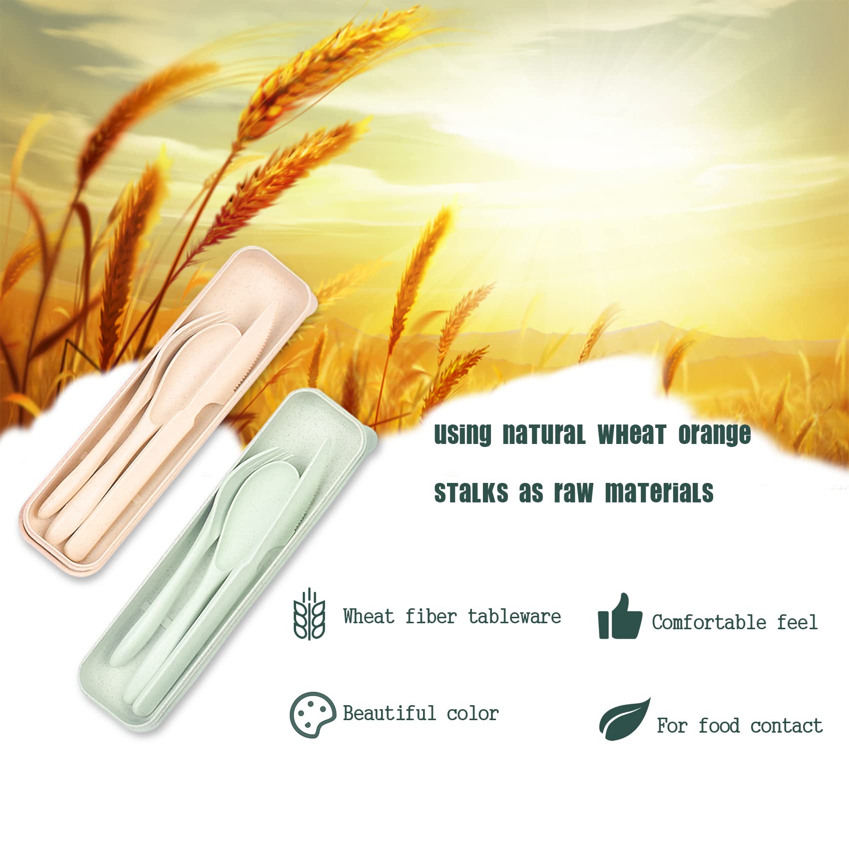 Eco-Friendly Travel Utensil Set with Case - 2 Pack Wheat Straw Reusable Spoon, Chopsticks & Forks | Portable Cutlery for Camping, Picnic, Office Lunch or Daily Use (Beige & Green) | BPA-Free Sustainable Tableware for Outdoor Adventures & Zero Waste Lifestyle