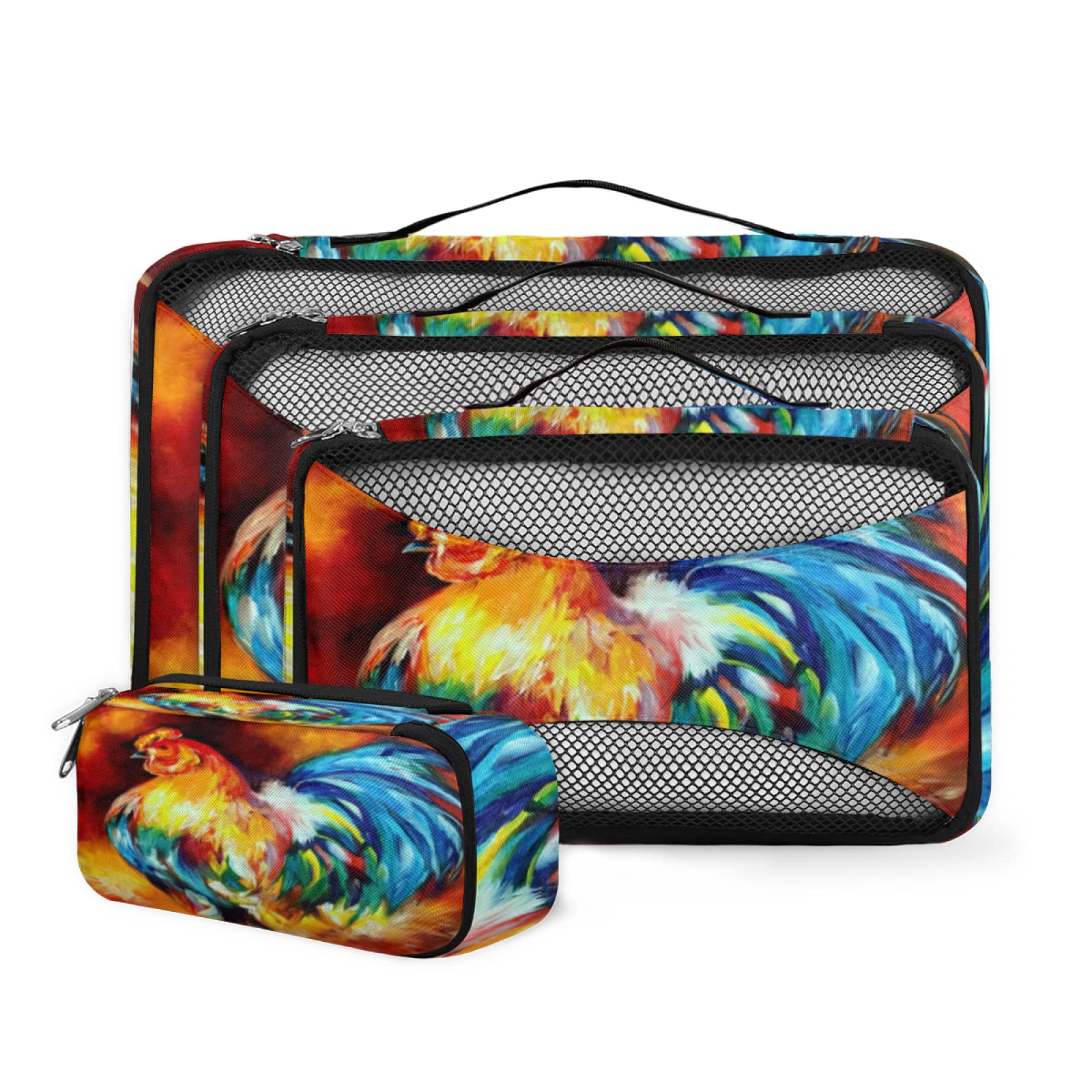 4-Piece Watercolor Rooster Packing Cubes Set - Lightweight & Space-Saving Travel Organizers for Suitcases | Perfect for Vacation, Business Trips & Weekend Getaways