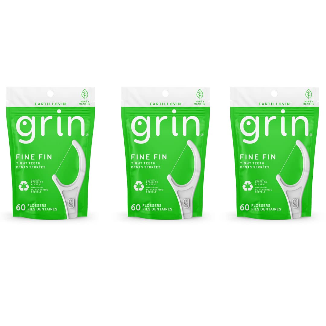 GRIN Dental Floss - 3 Packs of 60 (Fine Floss for Tight Teeth) | Gentle Oral Care for Braces & Dental Work | Perfect for Travel & Daily Hygiene