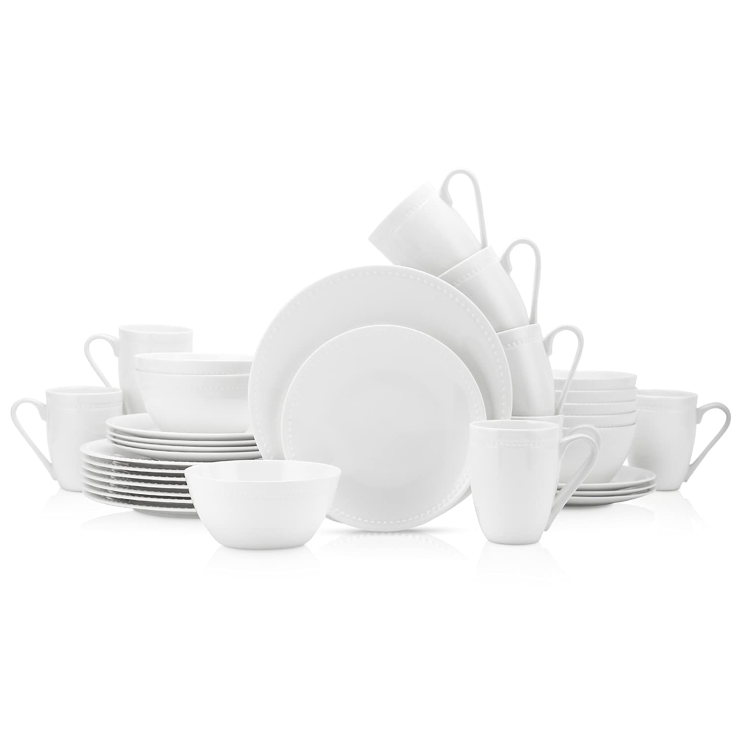 Premium Stone Lain Bone China 32-Piece Dinnerware Set - Elegant Pinpoint Embossed White Porcelain Tableware for Formal Dining & Special Occasions
