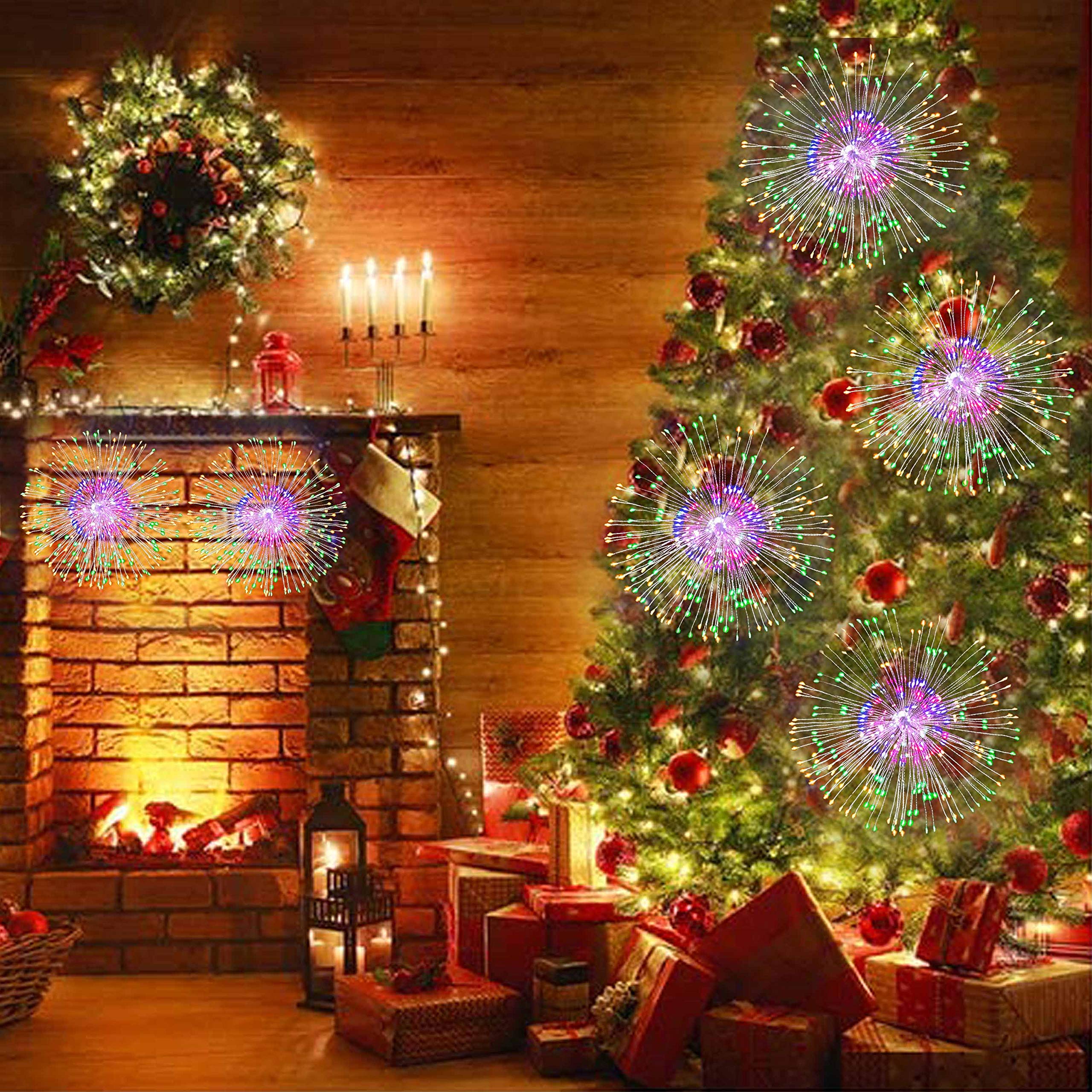 2 Pack 198 LED Fireworks Lights - Battery Operated Hanging Starburst Fairy String Lights with Remote Control for Christmas, Wedding, Party Decorations | Indoor & Outdoor Use (Red, Yellow, Blue, Green) - Perfect for Bedroom, Garden, Patio & Holiday Lighting
