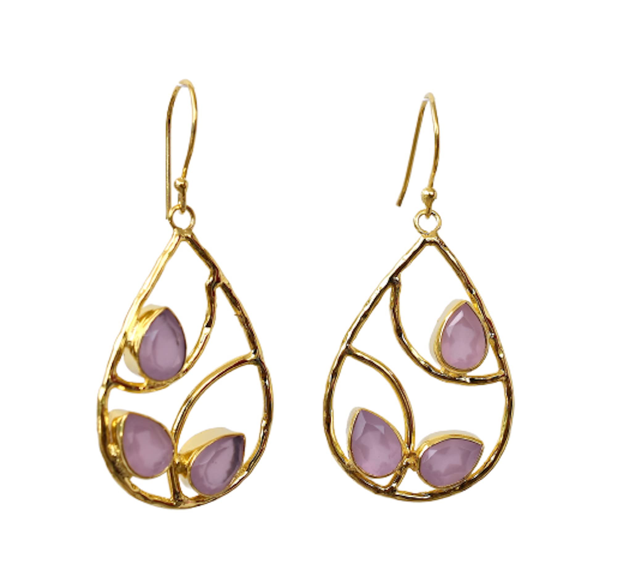 Veracity Pink Rose Quartz Gold Filled Drop Earrings for Women - Handcrafted Teardrop Dangle Earrings with Hammered Detailing | Trendy Fashion Jewelry Gift for Her | Perfect for Date Nights, Weddings & Special Occasions