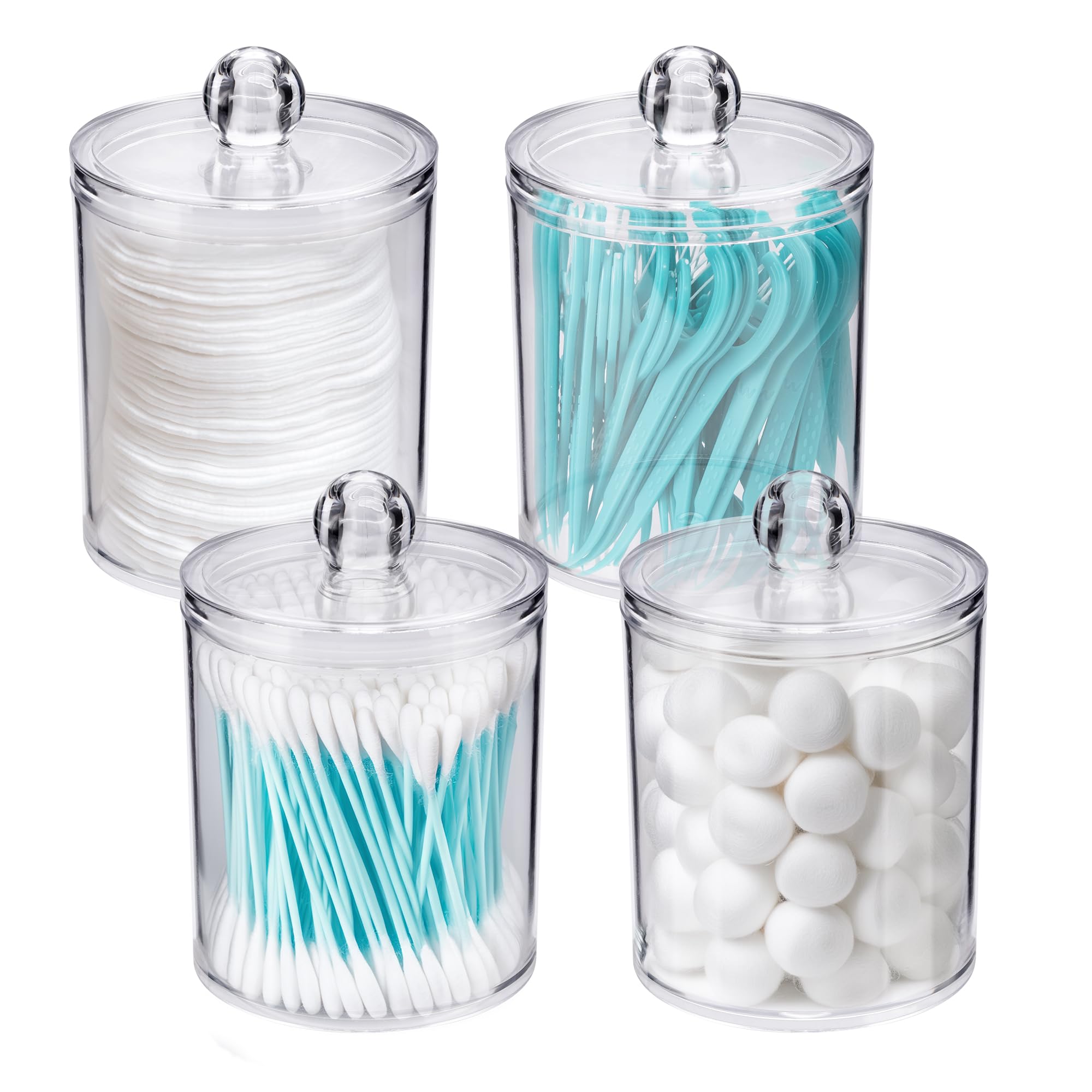 WEISHI 4-Pack Clear Plastic Apothecary Jars with Lids - Cotton Ball Holder, Q-Tip Dispenser, Swab & Round Pad Organizer for Bathroom Vanity Storage - Perfect for Makeup, Dental Floss, and Small Beauty Accessories Organization
