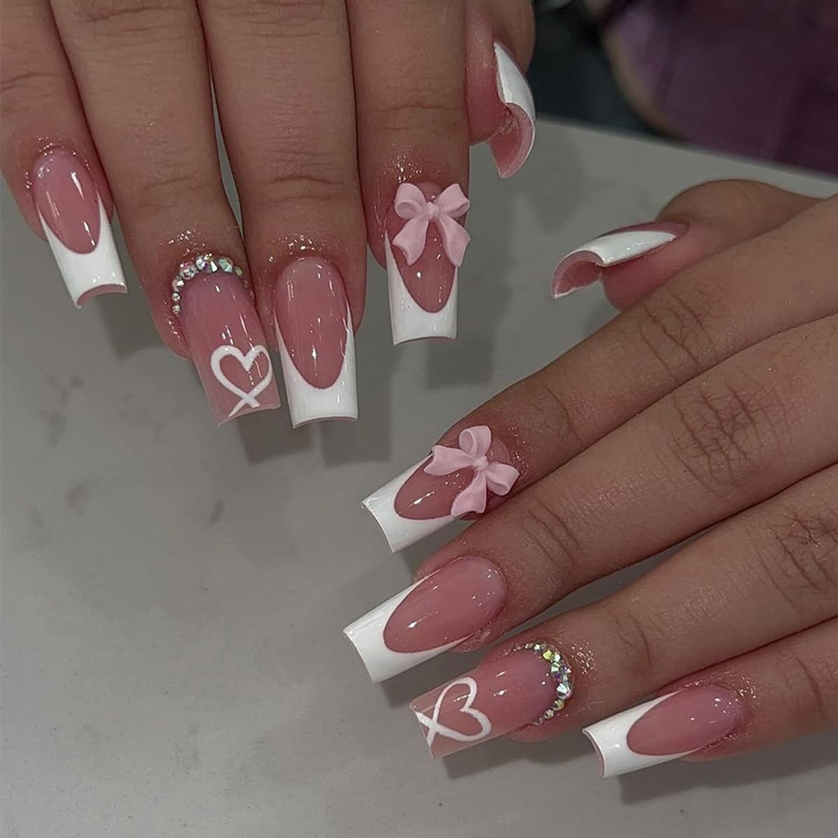 French Tip Press on Nails with Charms - Medium Fake Nails White French Manicure | Cute Bow & Heart Rhinestone Designs | Long Square Acrylic Stick on Nails for Women | Perfect for Daily Wear, Parties & Special Occasions