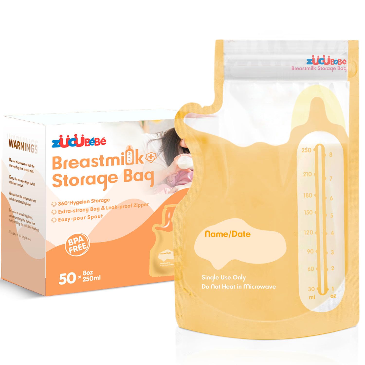 50PCS 8oz Breastmilk Storage Bags - BPA Free, Self Standing with Easy Pour Spout for Refrigeration & Freezing - Perfect for Breastfeeding Moms at Home, Work or Travel