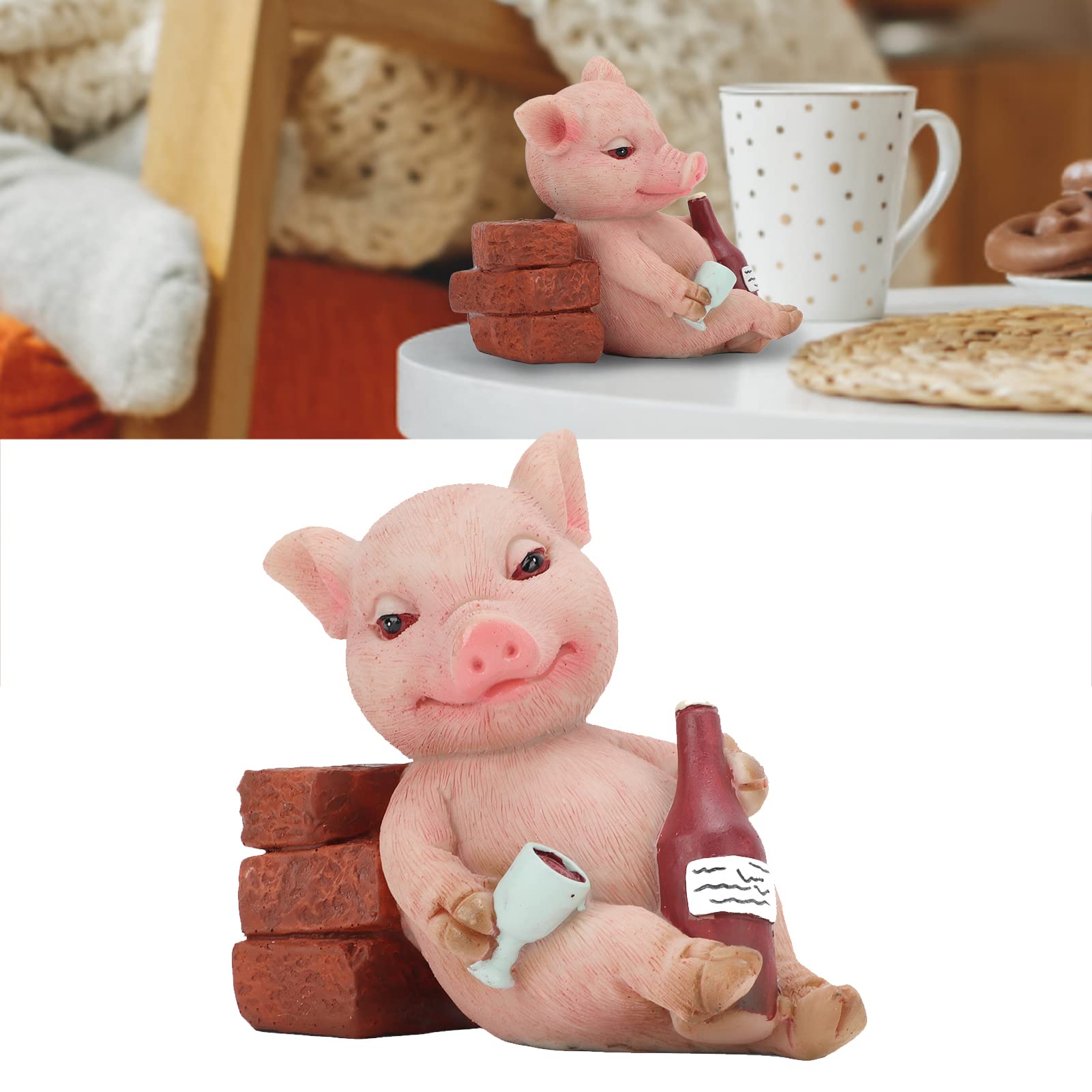 Mini Pig Figurine Statue - Hand Painted Lucky Animal Decor for Home, Office & Garden - Retro Style Drinking Pig Sculpture with Red Eyes - Perfect for Desktop Decor, Micro Landscapes & Gift Giving