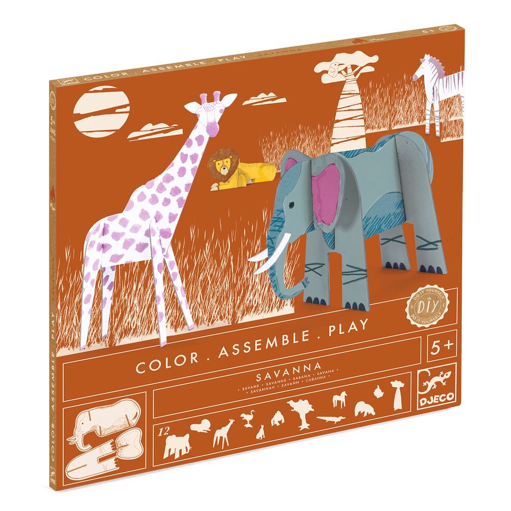 Djeco Savannah Animal Puzzle - Color, Assemble & Play - Creative Wooden Toy for Kids Ages 3-6 - Perfect for Preschool Learning & Family Game Night