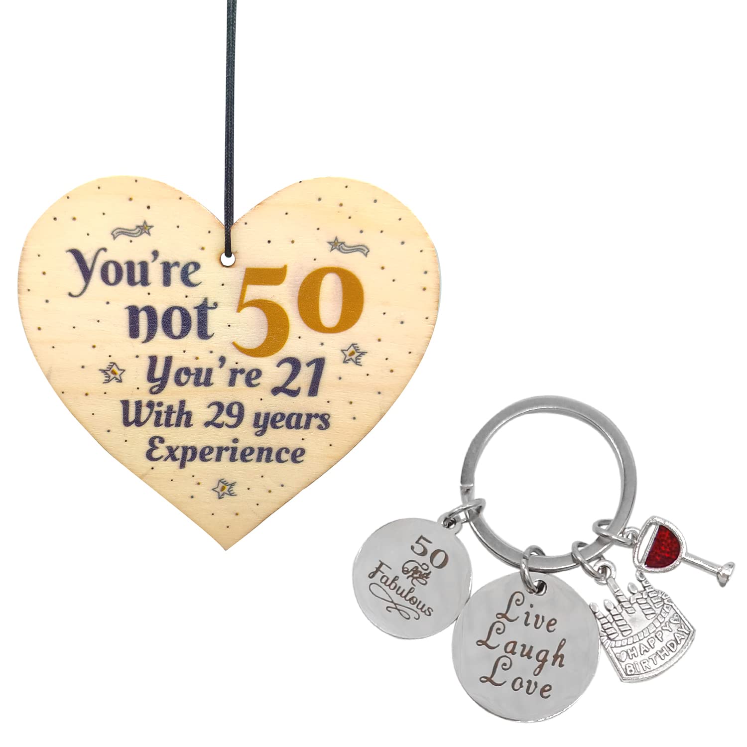 50th Birthday Gifts for Women - Personalized Wooden Plaque & Keychain Set with 
