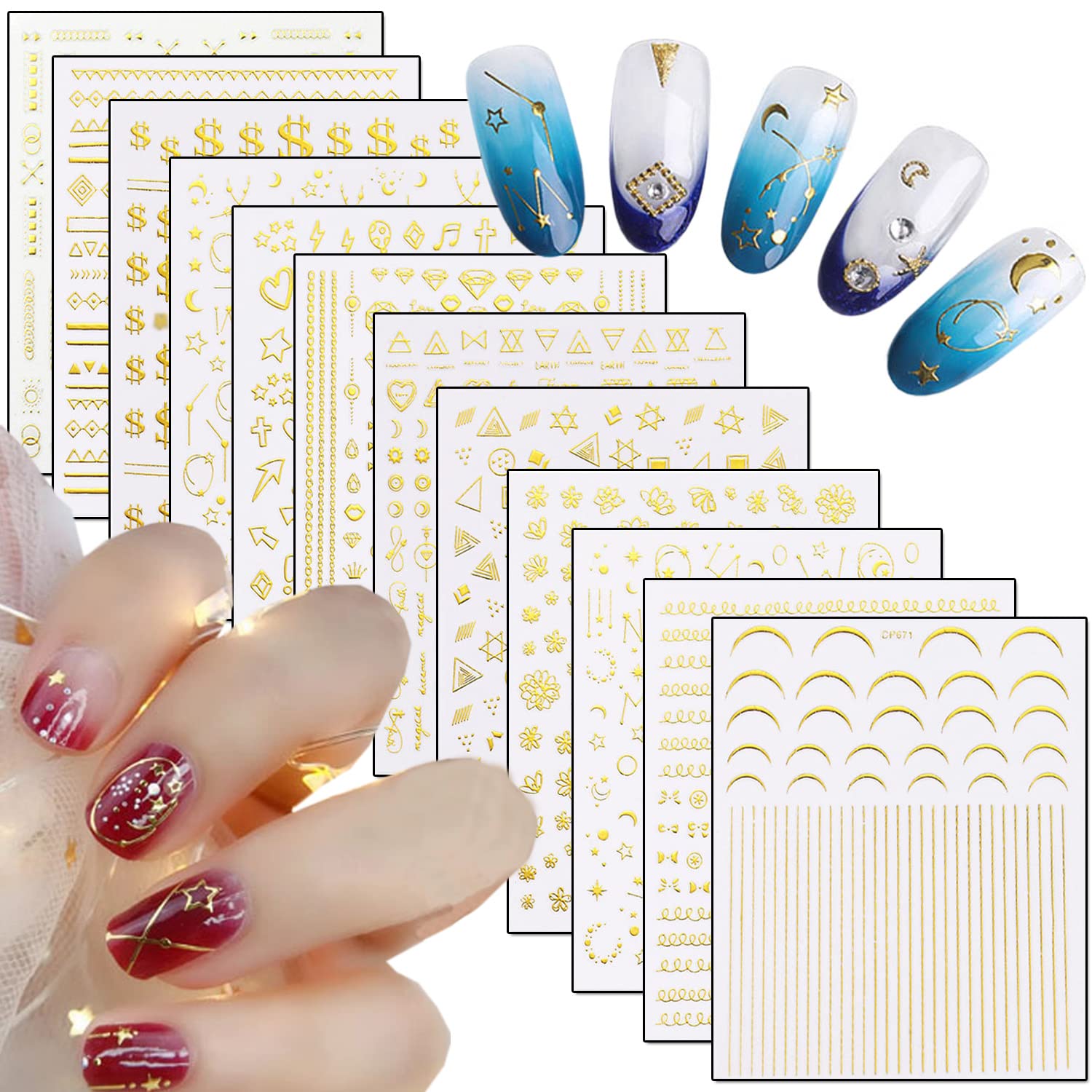 12 Sheets Gold Nail Art Stickers Set - Metallic Star, Heart, Moon & Flower Designs | 3D Self-Adhesive Nail Decals for DIY Manicure & Nail Decoration | Perfect for Parties, Weddings & Special Occasions