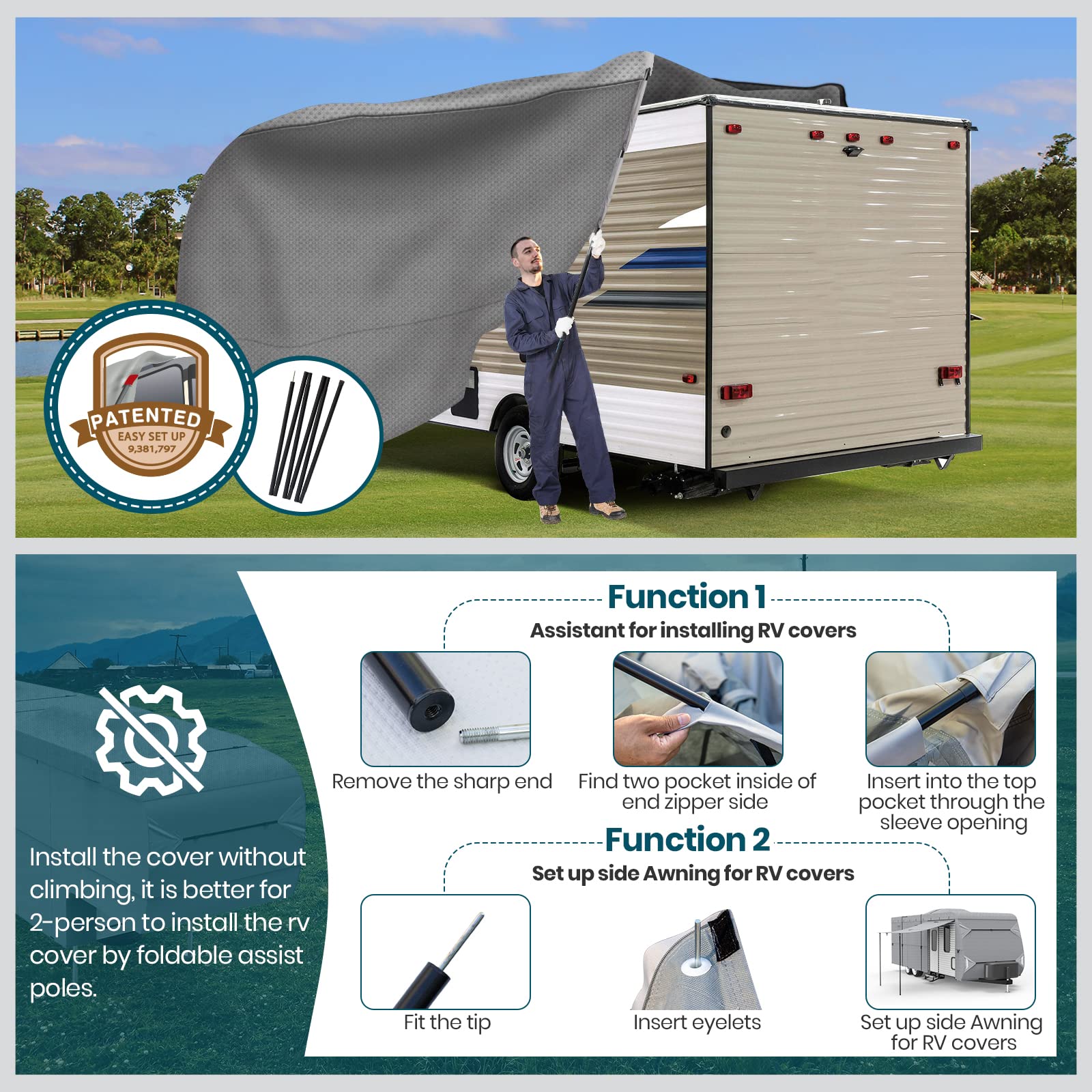 Easy Setup Travel Trailer Cover RV Cover - Heavy Duty 6-Layer Waterproof UV Protection with 2 Adjustable Straps & 4 Tire Covers (Fits 20-22 ft Trailers) - Perfect for Outdoor Storage & Winter Protection