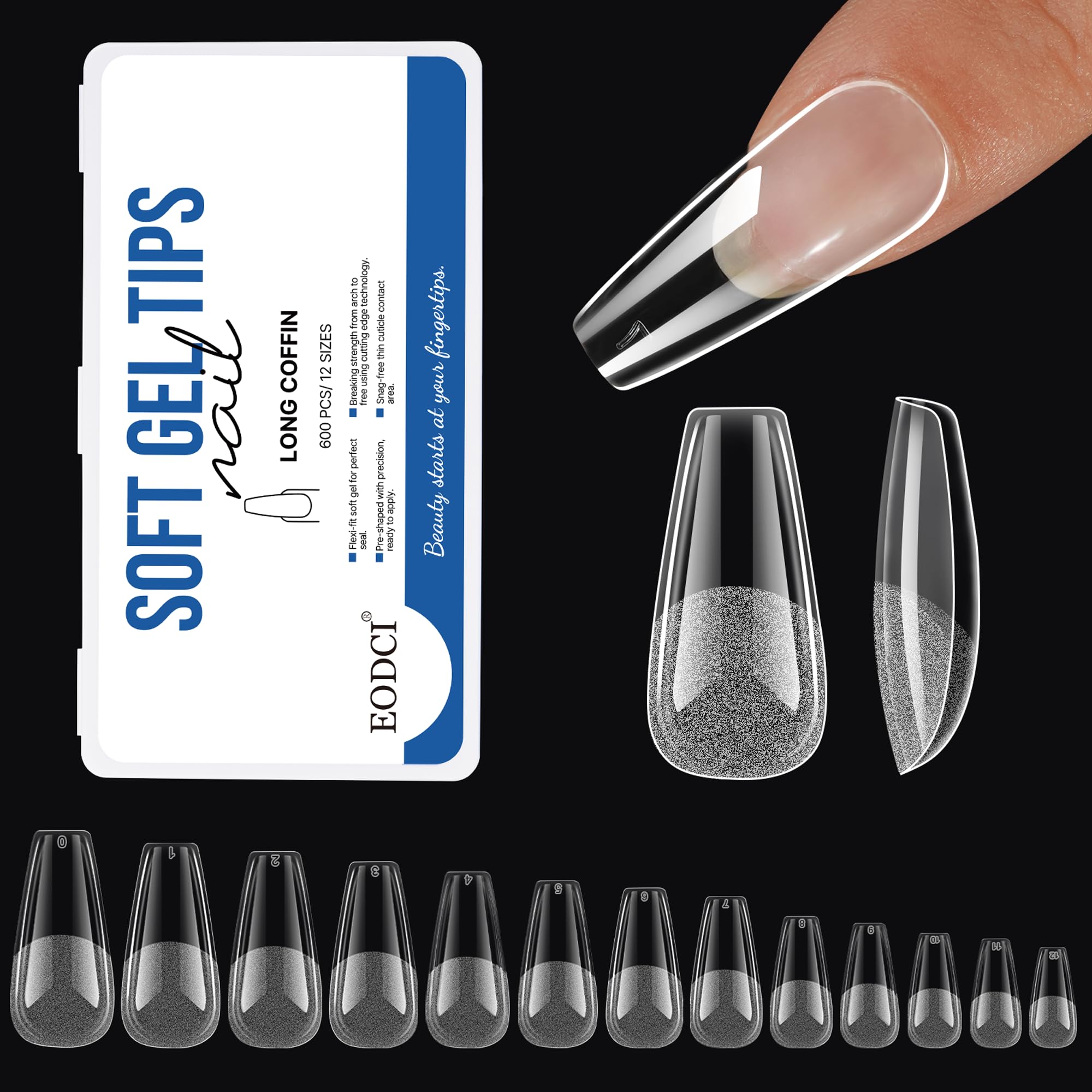 600Pcs Clear Full Cover Coffin Nail Tips - Pre-Shaped Soft False Nails for Gel Polish & Soak Off Extensions | Perfect for Nail Salons, Home DIY & Special Occasions