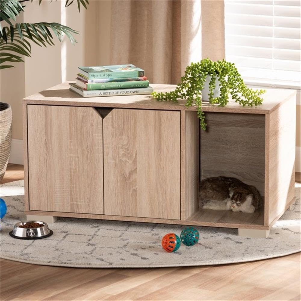 Baxton Studio Jasper Cat Litter Box Cover - Modern Oak Wood Furniture for Odor Control & Discreet Pet Litter Storage - Perfect for Small Spaces & Home Decor (157-9543-HiT)