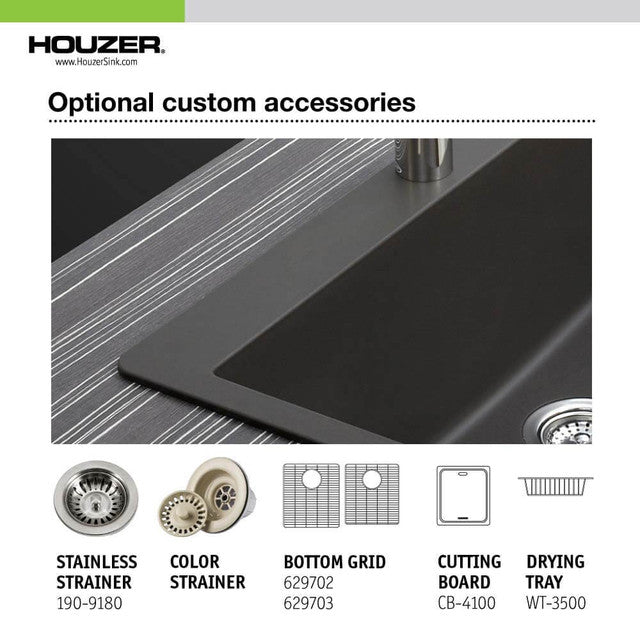 Houzer Quartztone Series 33 Granite Composite Undermount 60/40 Double Bowl Kitchen Sink - M 175U SLATE | Durable & Stylish for Modern Kitchens | Perfect for Cooking, Cleaning & Entertaining