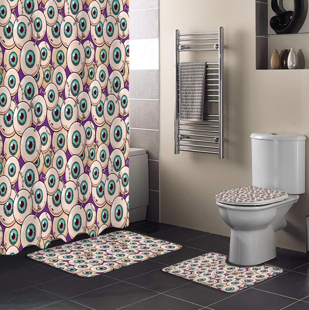 Halloween Themed Zombie Eyeball Shower Curtain Set with Non-Slip Bathroom Rugs, Toilet Lid Cover & Waterproof Bath Mat - 4 Piece Bathroom Accessories Set for Spooky Decor & Halloween Party Decorations