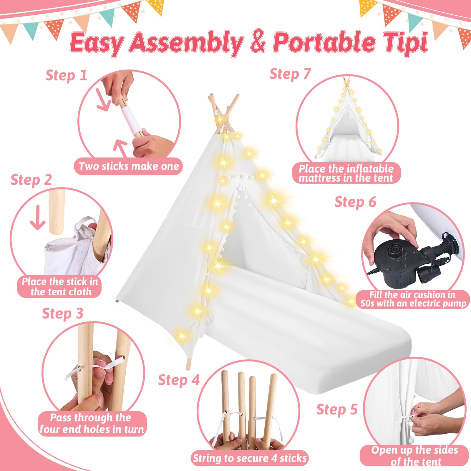 4-Pack Kids Teepee Tents for Sleepovers & Slumber Parties - Includes Inflatable Airbed, Fairy Lights & Washable Cotton Play Tent for Toddlers (White) - Perfect for Indoor Camping, Birthday Parties & Playroom Decor