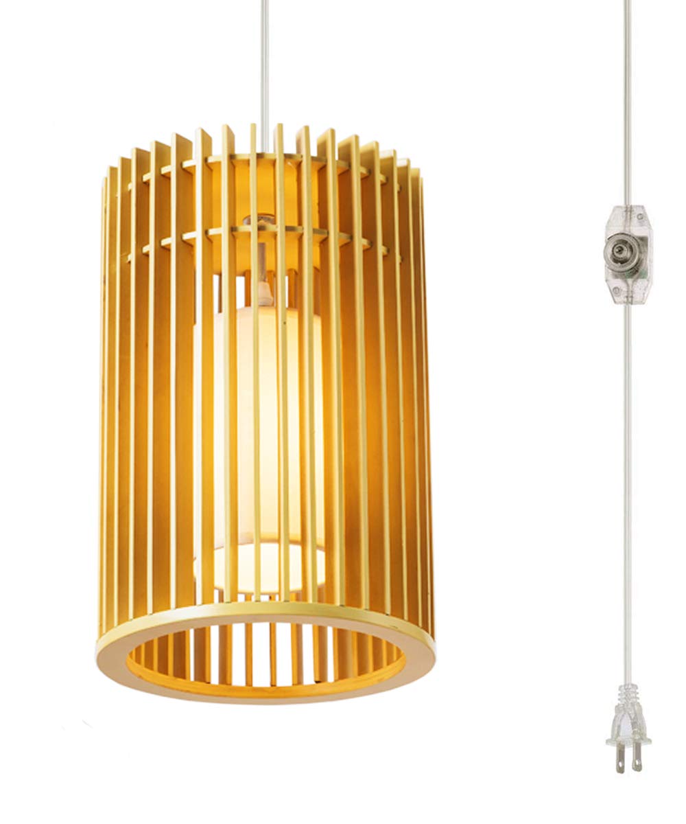 Kiven 1-Light Plug-in Pendant Light Fixture - 15FT Clear Cord with Dimmer Switch - Natural Wooden Ceiling Light for Living Room, Bedroom & Kitchen Decor