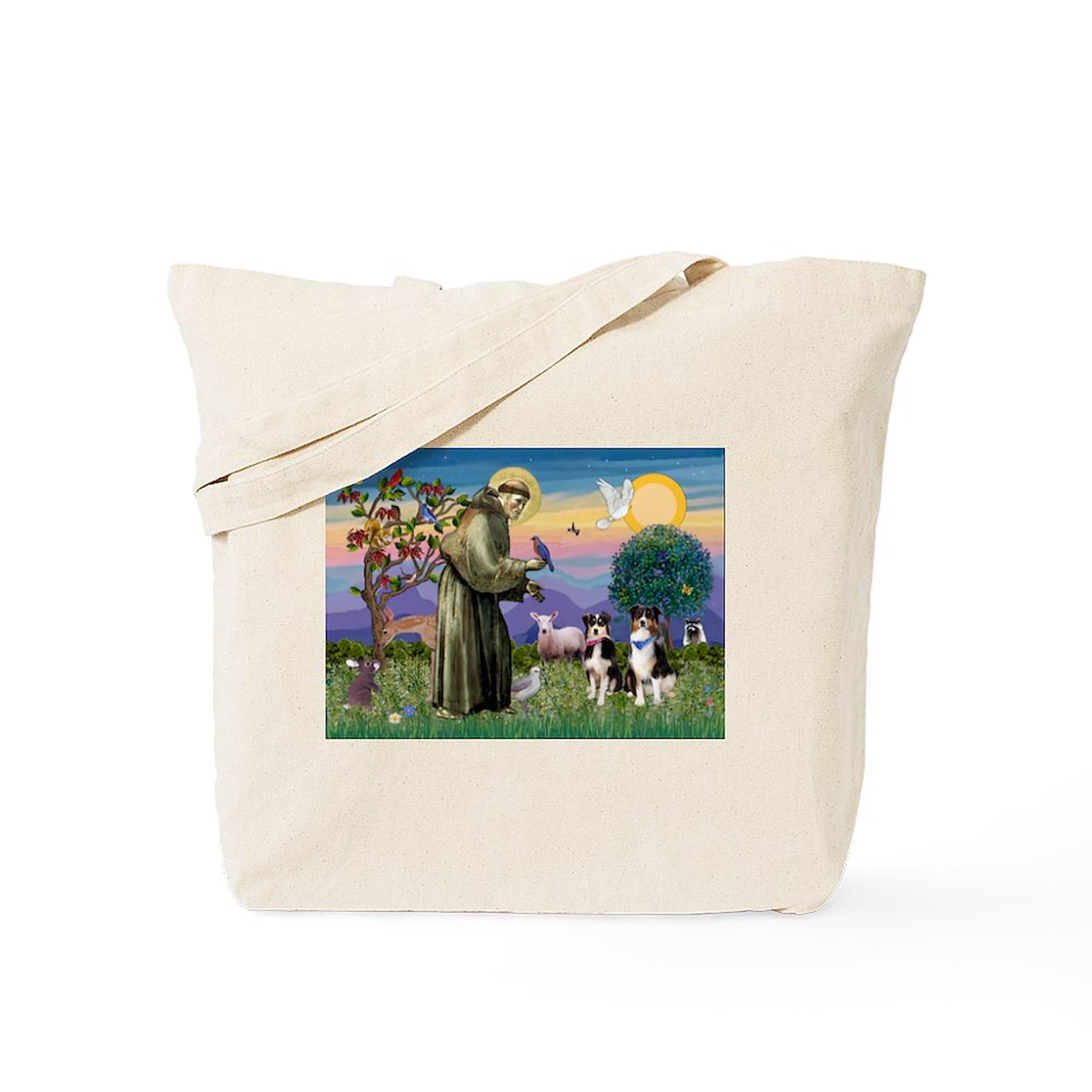 St Francis & Two Aussies Tote Bag - Natural Canvas Reusable Shopping Bag for Groceries, Beach & Daily Use | Eco-Friendly Cotton Tote by CafePress