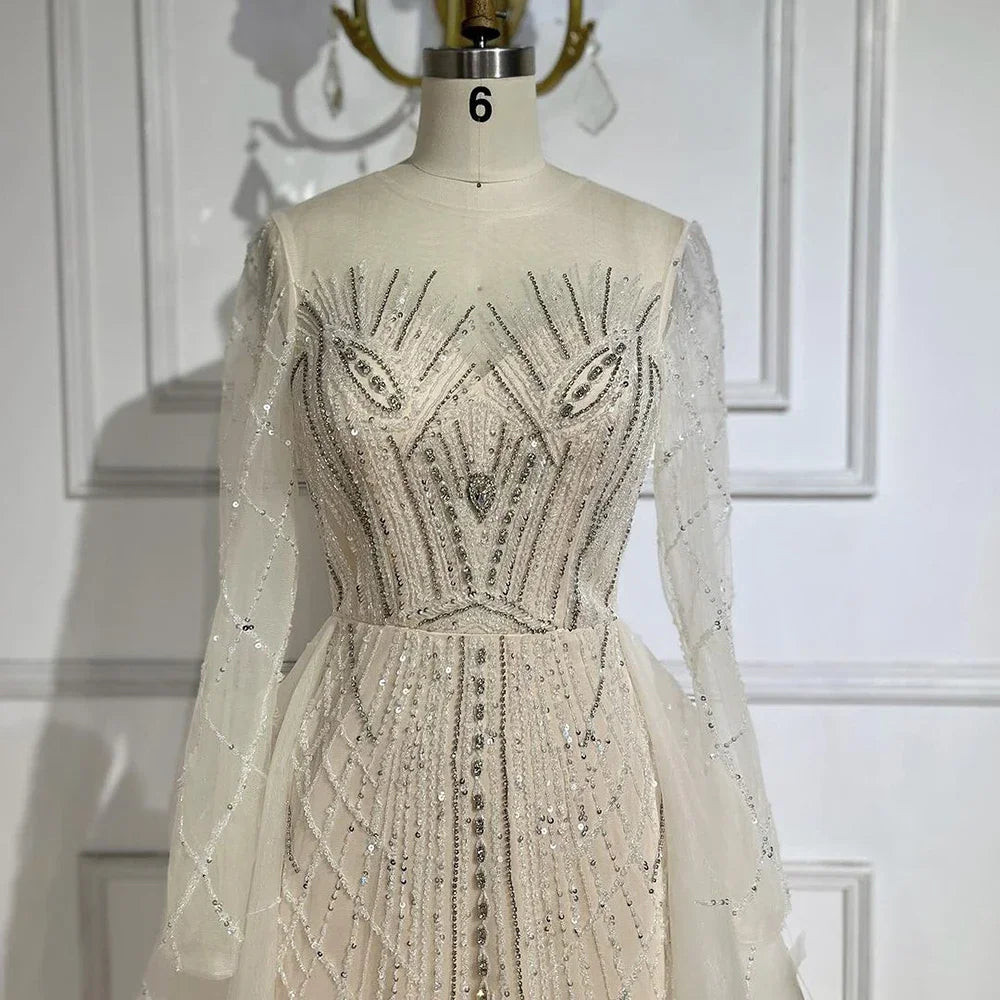 Elegant Beige Muslim Mermaid Evening Gown with Beaded Details - Luxury Overskirt Party Dress for Women 2025 | Perfect for Weddings, Galas & Formal Events