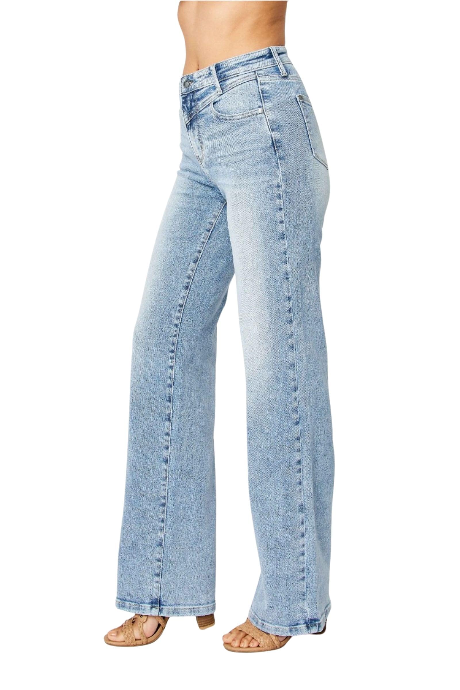 Judy Blue Women's High Waist Retro Wide Leg Jeans - Vintage Inspired Denim Pants for Casual Wear & Everyday Outfits