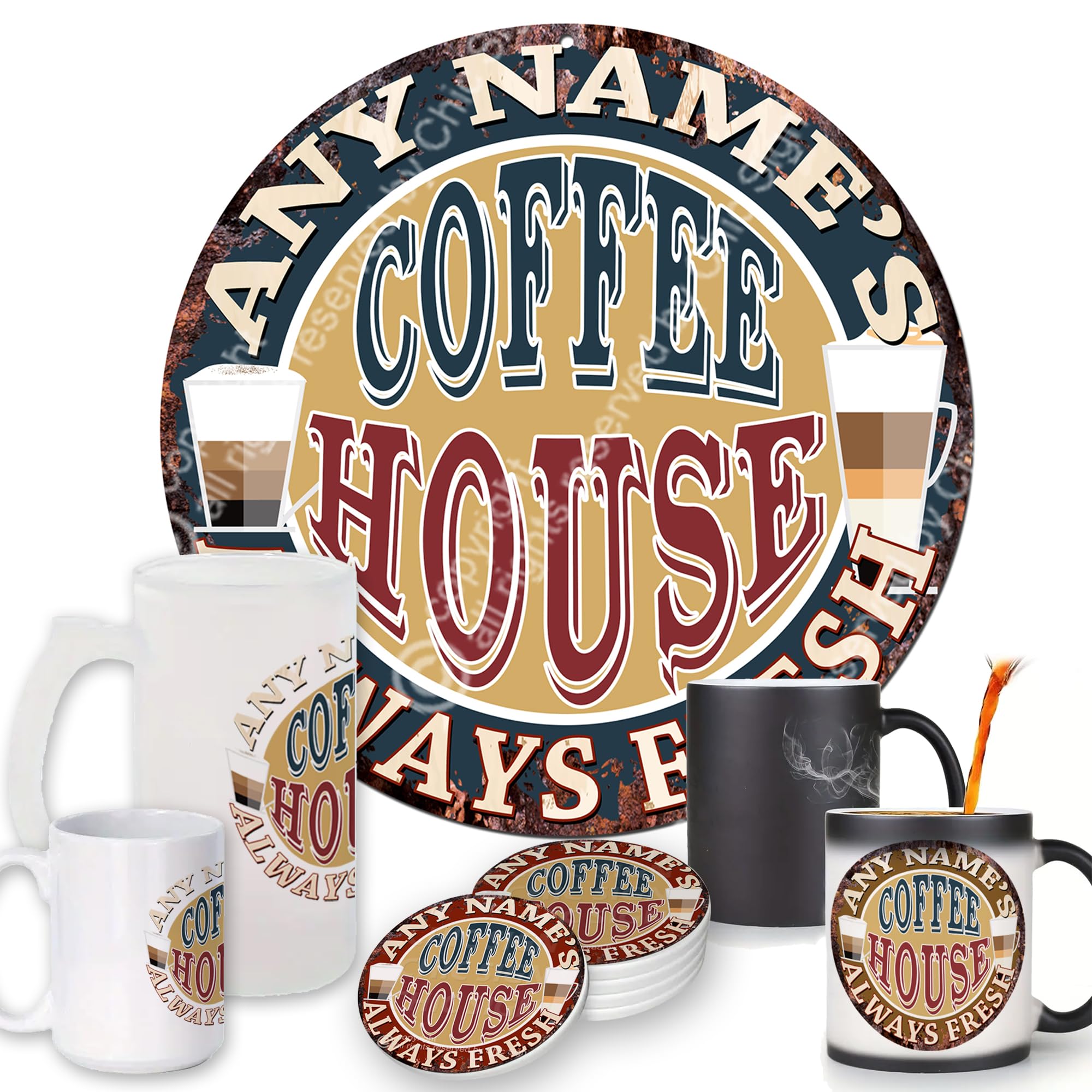 Custom Personalized Coffee Shop Sign Coaster Mug - Rustic Vintage Style Retro Bar & Pub Drinkware - Perfect for Kitchen, Man Cave Decor & Gift Giving (CP-0144) | Ideal for Coffee Shops, Home Bars & Unique Gift Occasions