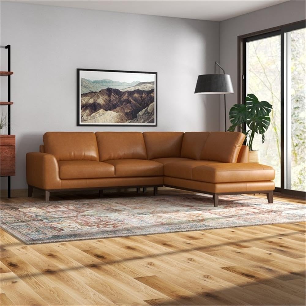 ASHCROFT Mid-Century Modern Milton Tan Leather Sectional Sofa with Right Chaise Lounge - Perfect for Living Room, Lounge & Contemporary Home Decor