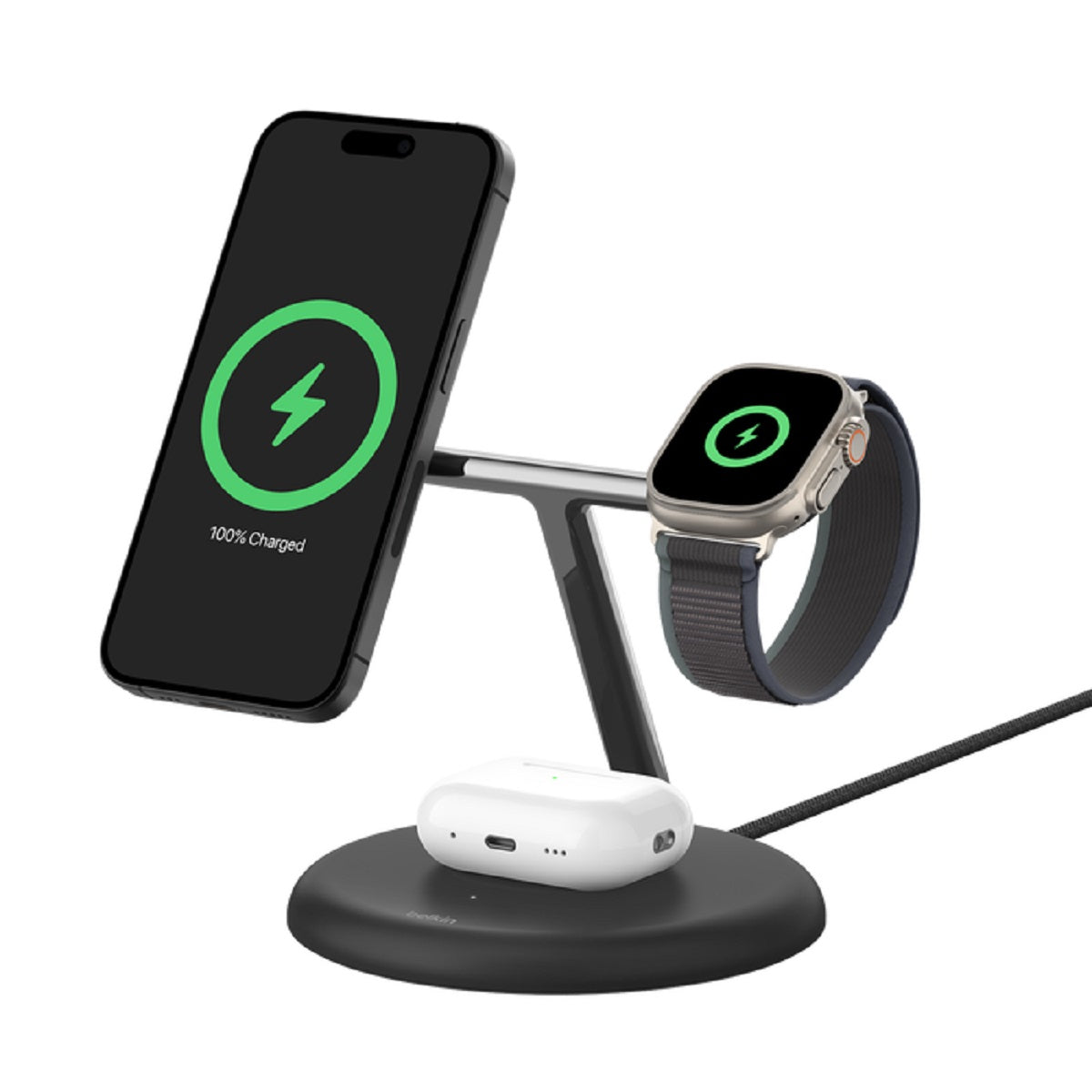 Belkin BoostCharge Pro Qi2 3-in-1 Wireless Charging Stand - 15W Fast Charging for iPhone, Android & AirPods - Perfect for Home, Office & Nightstand Use