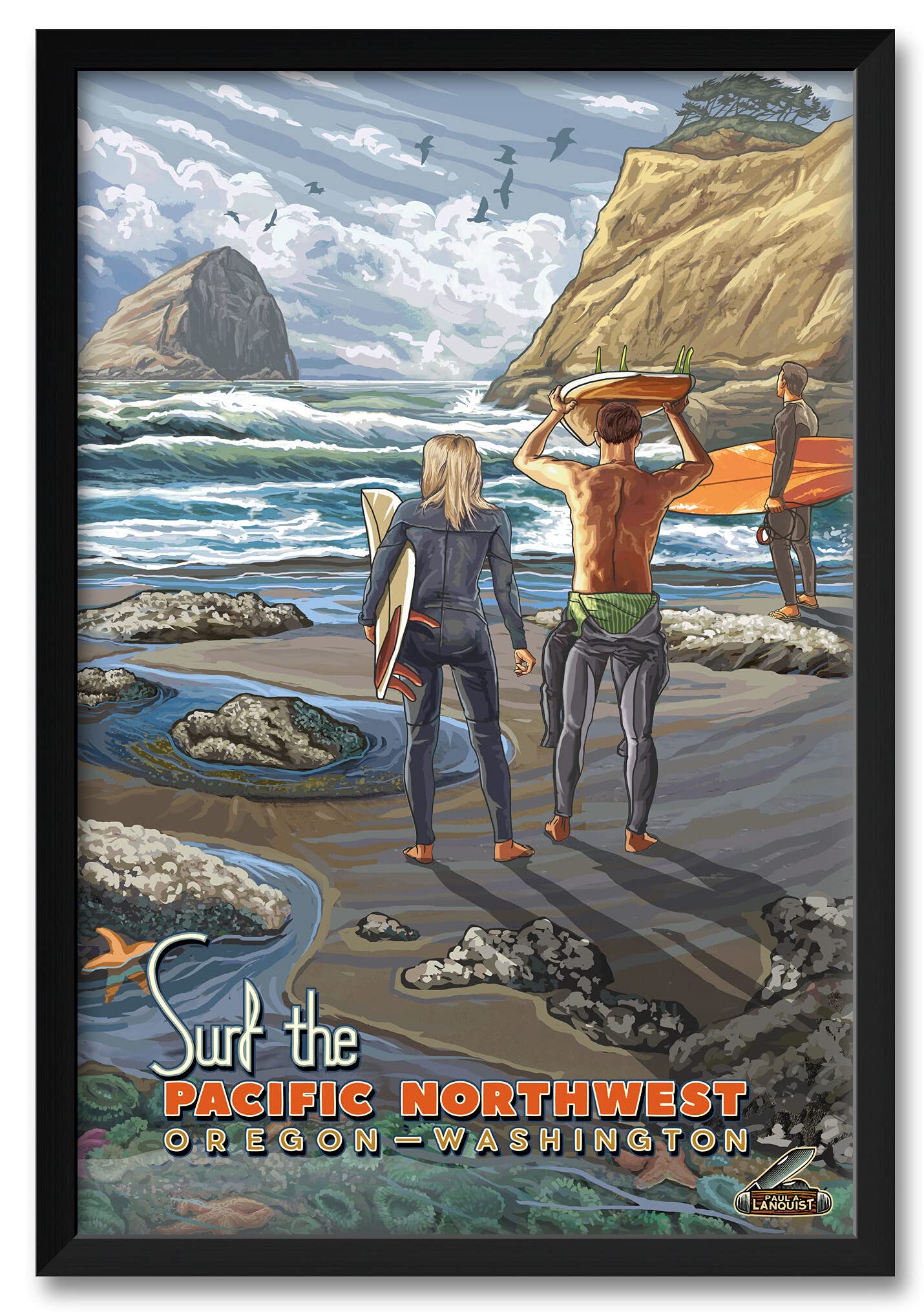 Professionally Framed Surf Pacific Northwest Art Print - Oregon & Washington Coastal Scene by Artist Paul A. Lanquist - 26x38 Inch Wall Decor - Perfect for Beach House, Living Room or Office