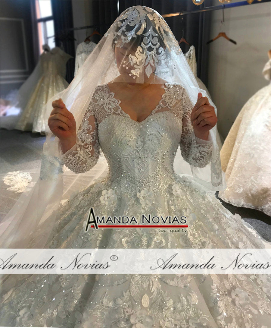 Elegant Long Lace Wedding Dress with Floral Details - Custom Sizes Available by Amanda Novias - Perfect for Bridal, Formal Events & Photoshoots